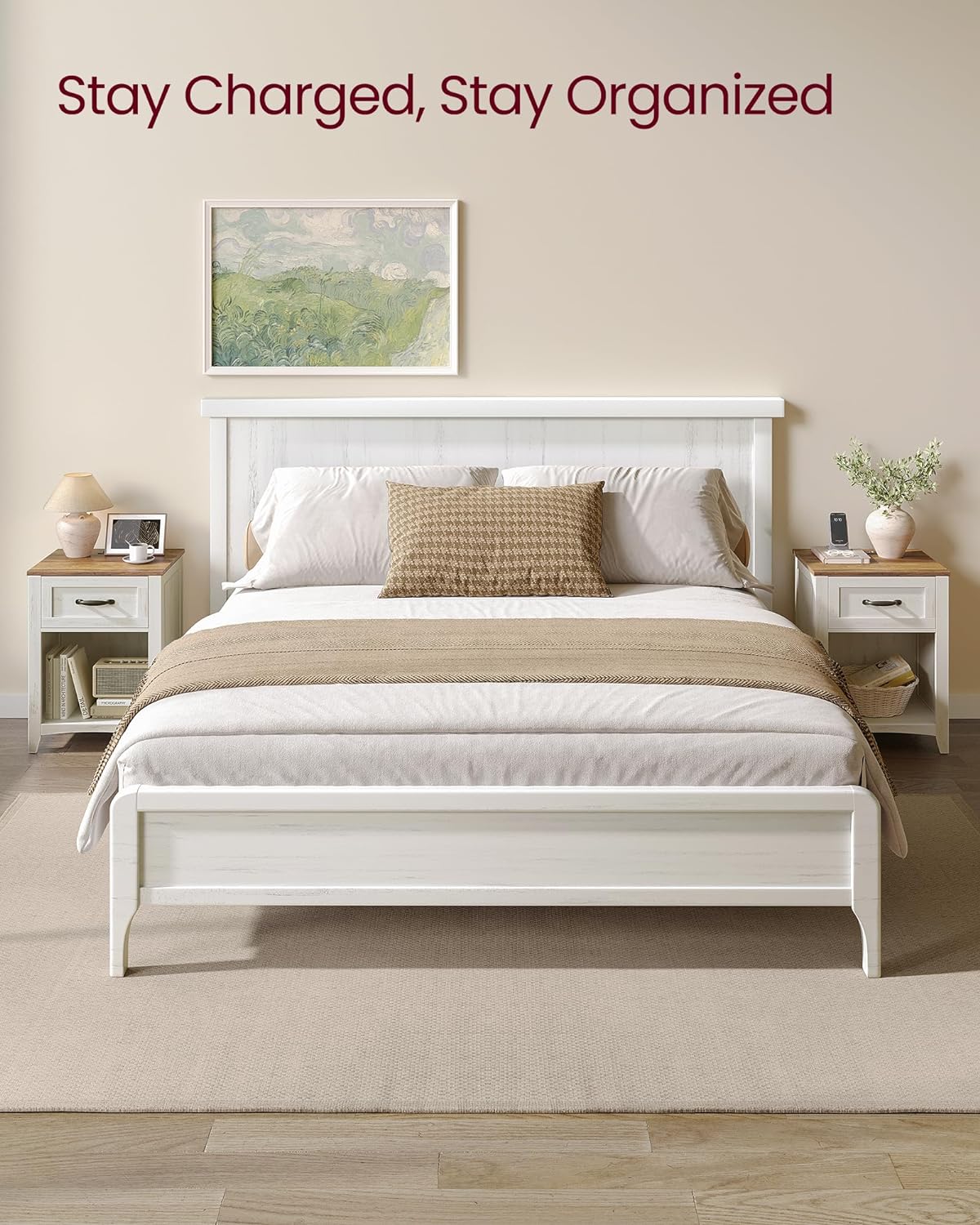 VASAGLE LIRY Collection - Farmhouse Nightstands with Charging Station, Set of 2 Bedside Tables, Side Tables with Drawer, Open Compartment, for Bedroom, Rustic White and Honey Brown ULET859K41