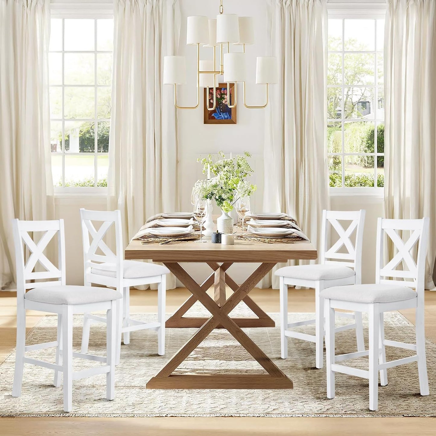 COLAMY Counter Height Bar Stools Set of 4, Kitchen Island Stools with Cross Back, Upholstered Counter Stools with Wood Legs, Modern Wooden Bar Stools for Kitchen Dining Room Bar, Grey White Wash