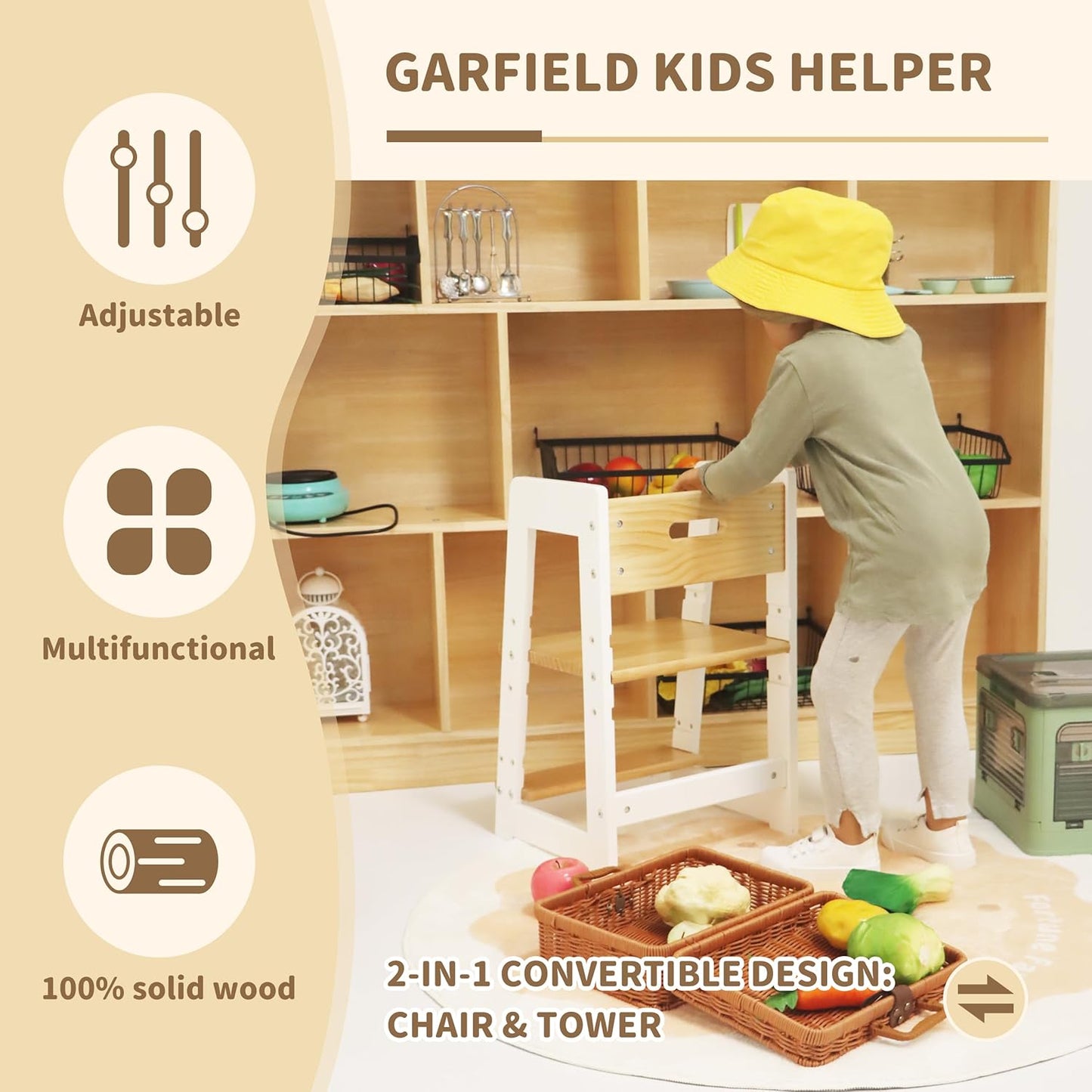 Damoch Family® Compact Toddler Chair & Wooden Step Stool with Adjustable Height – Montessori-Inspired Learning Helper for Kids’ Daily Routines in Kitchen & Bathroom