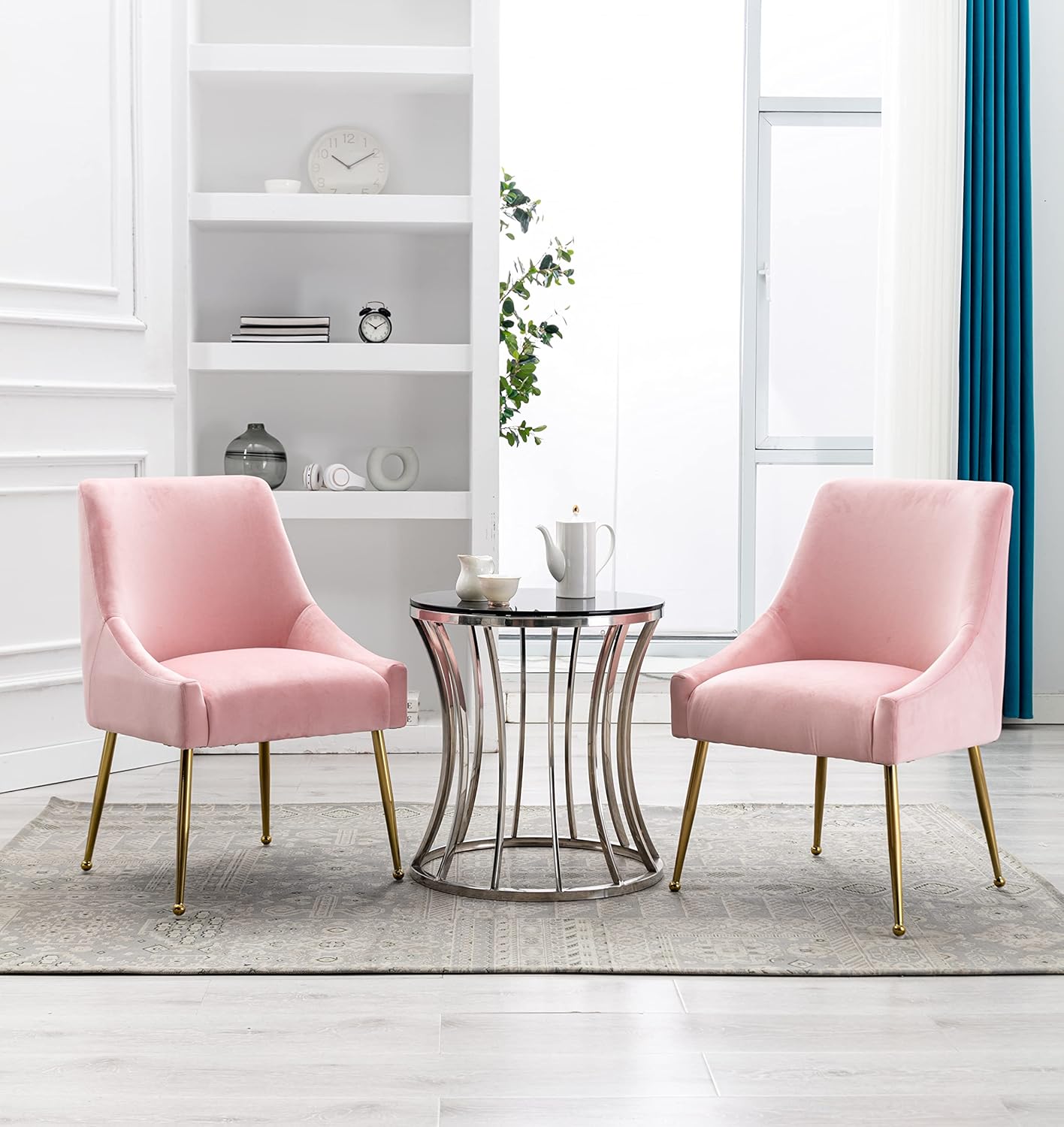 Velvet Dining Chairs Set of 2, Furniture Collection Modern Contemporary Upholstered with Polished Gold Metal Legs(Pink)