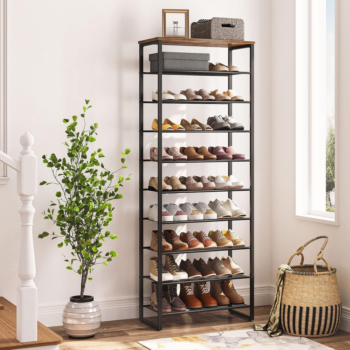 HOOBRO 10-Tier Shoe Rack, 23.6" L Shoe Storage Organizer, Large Capacity Shoe Shelf for Front Door Entrance, Entryway, Hallway, Holds 27-30 Pairs of Shoes, Closet, Rustic Brown BF601XJ01
