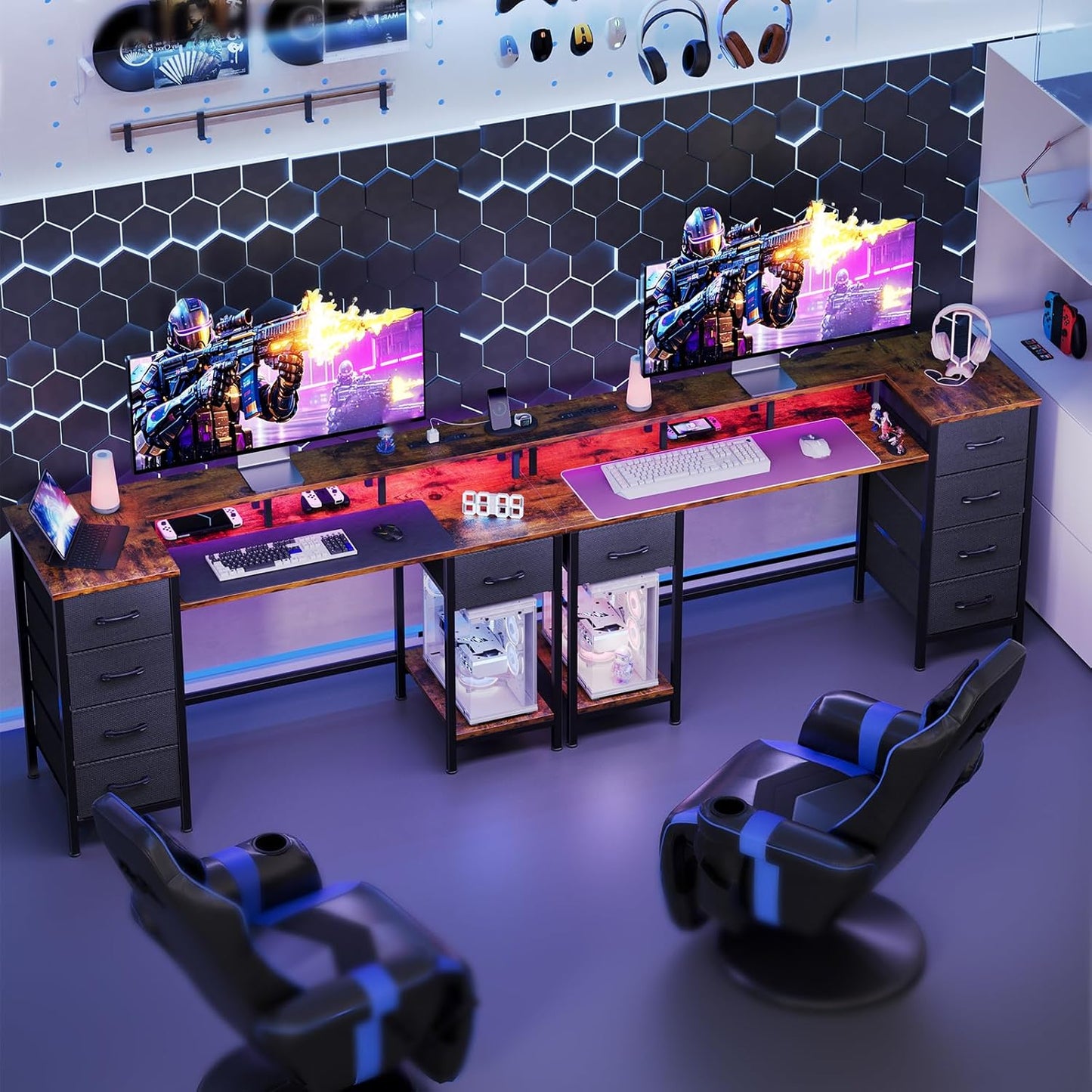 55 Inch Computer Gaming Desk with Power Outlets LED Lights, Reversible Home Office with Adjustable Fabric Storage Drawers for Working Writing Study, Rustic Brown