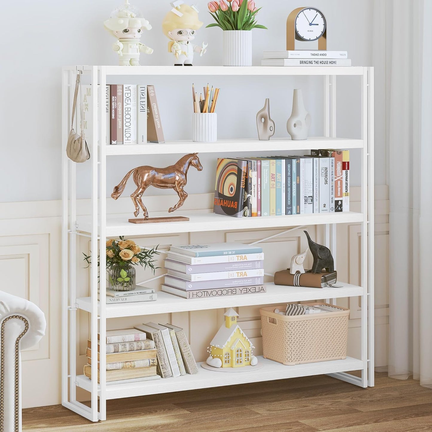 HCHQHS Bookshelf, 5-Tier Industrial Bookcase, White Open Book Shelf, Freestanding Tall Bookshelves with Metal Frame