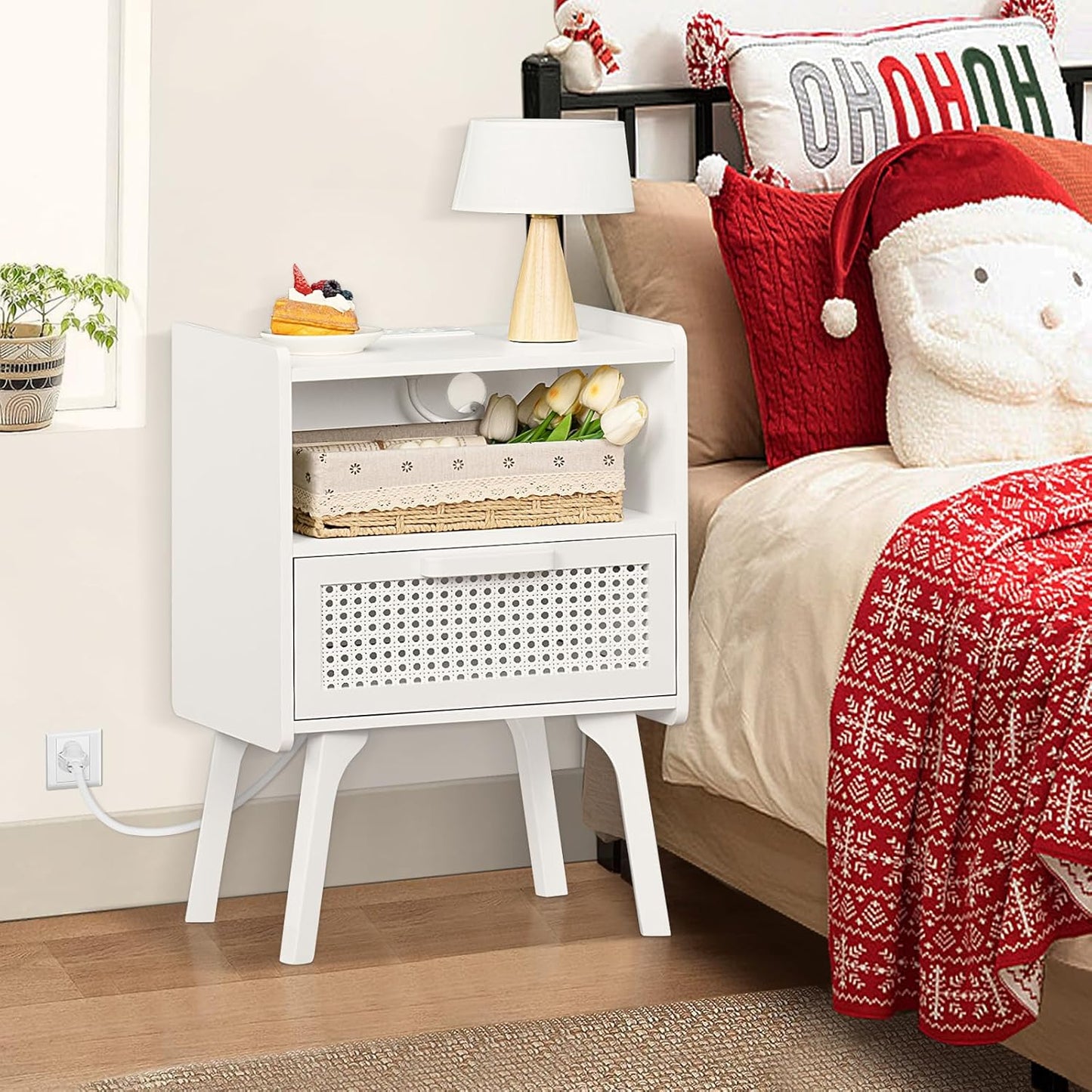 Lerliuo Rattan Nightstands set of 2 with Charging Station, Side Table with Drawer Open Shelf, Cane Accent Bedside End Table with Solid Wood Legs, Night Stand for Bedroom, Dorm and Small Spaces (White)