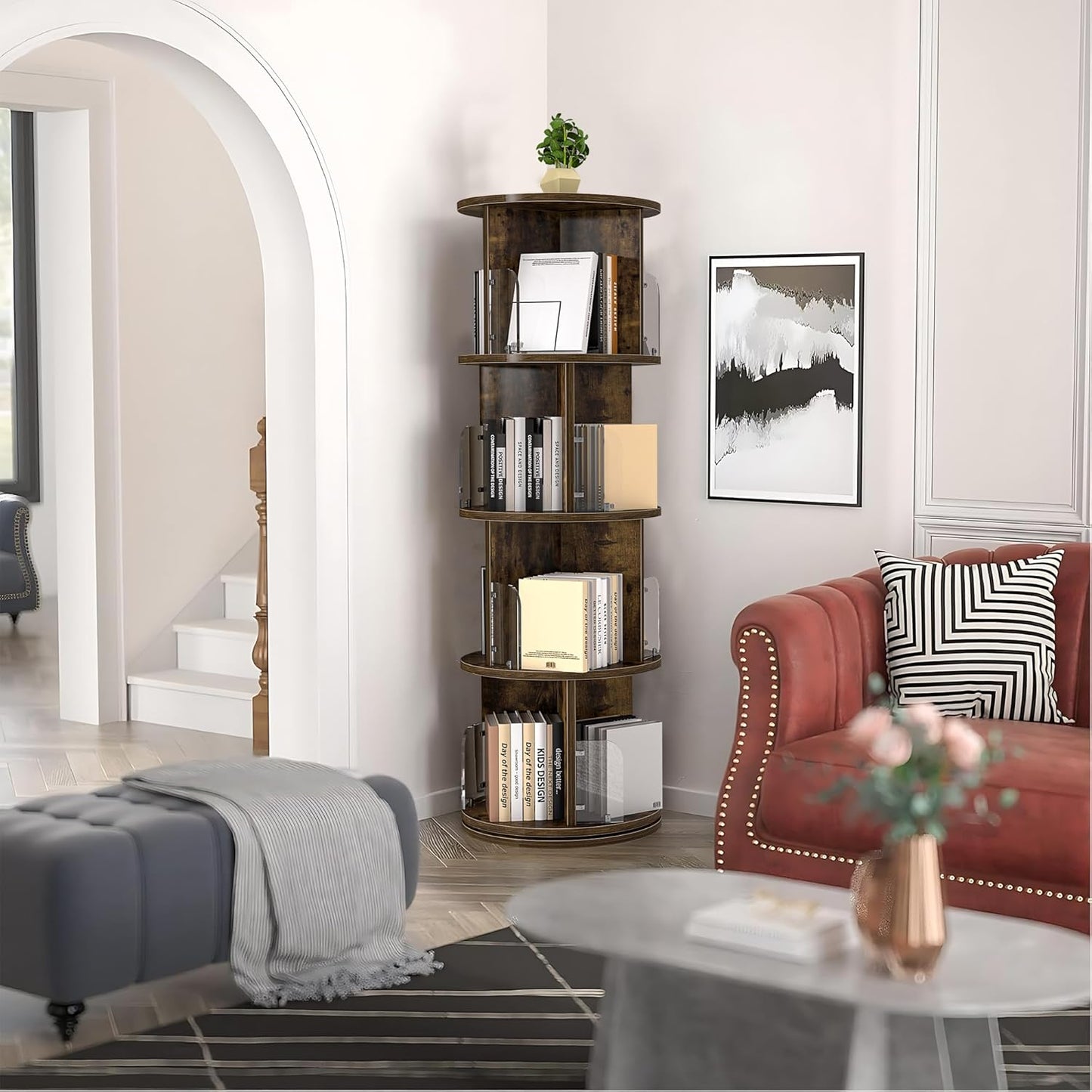 VECELO Rotating Bookshelf Tower, 360°Revolving Bookcase, Modern Tall Book Shelf Storage Display Rack Floor Standing, 4 Tier Storage Rack for Kids&Adults Solid Wood, Brown