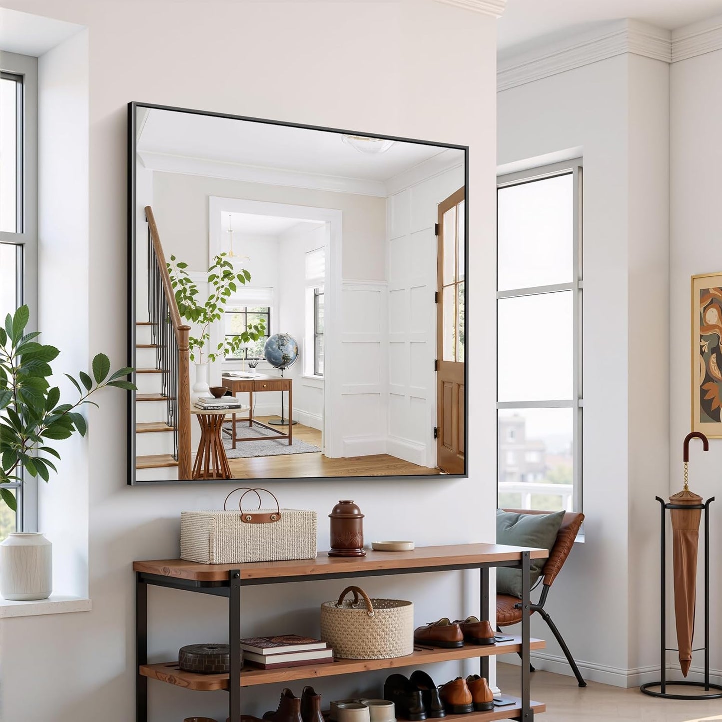 YIROMAN Bathroom Mirror for Wall 48"x48", Large Matte Black Bathroom Mirror with Metal Frame, Square Vanity Mirror with Right Angles, Wall Mirror Hangs Horizontal or Vertical, Shatterproof