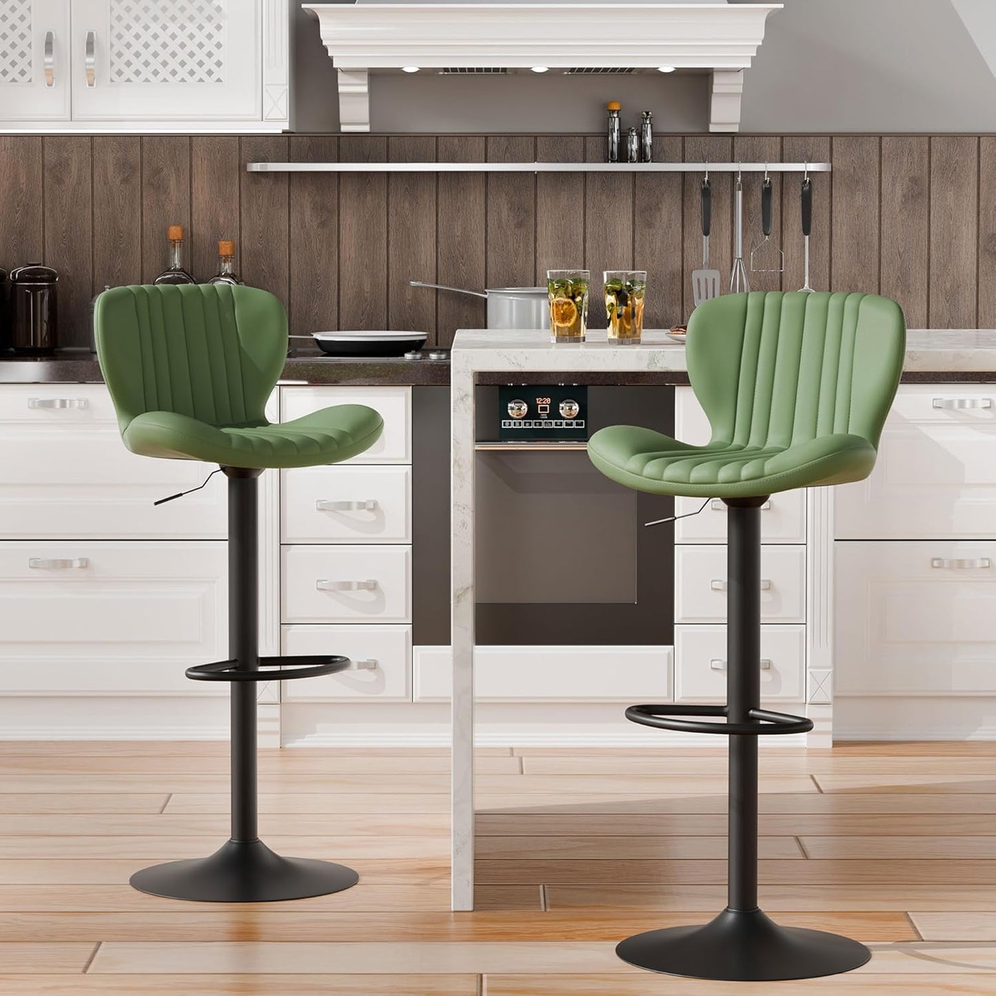 Shintenchi Bar Stools Set of 2 Modern Swivel Bar Chairs, Counter Height Faux Leather Metal Barstools, Upholstered Island Chairs with Back and Footrest, Green