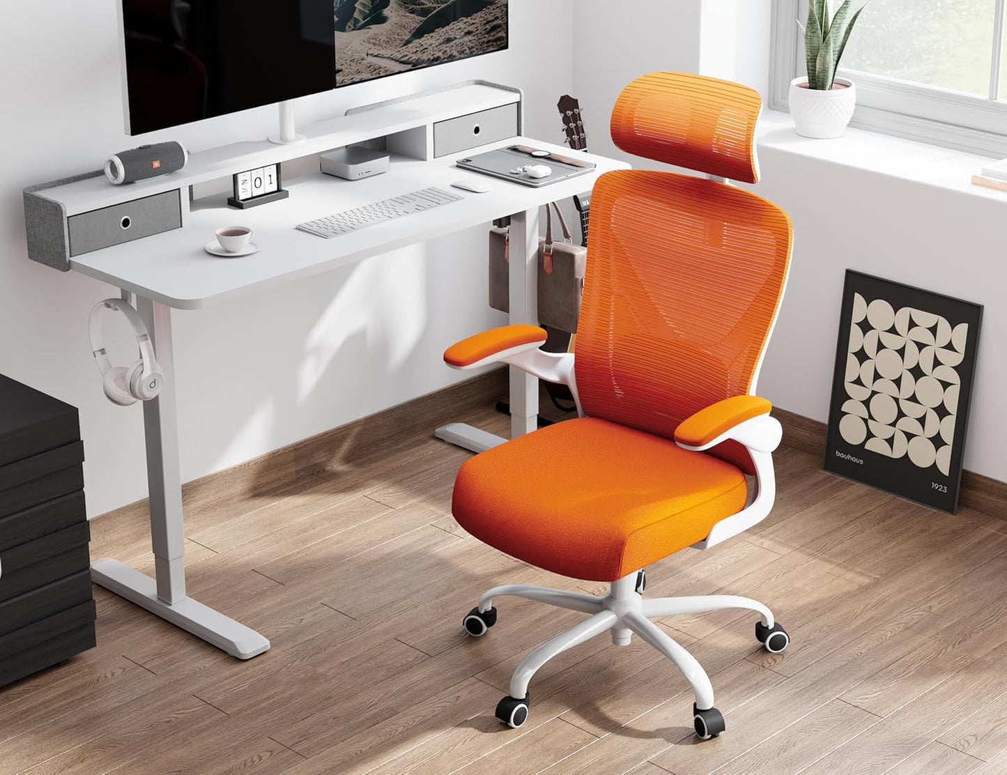 Ergonomic Office Chair - X-Shaped Computer Desk Chair Comfy, Gaming Chair, Office Chair with Lumbar Support, Mesh Office Chairs with Headrests, Desk Chair for Long Hours(White-Orange)