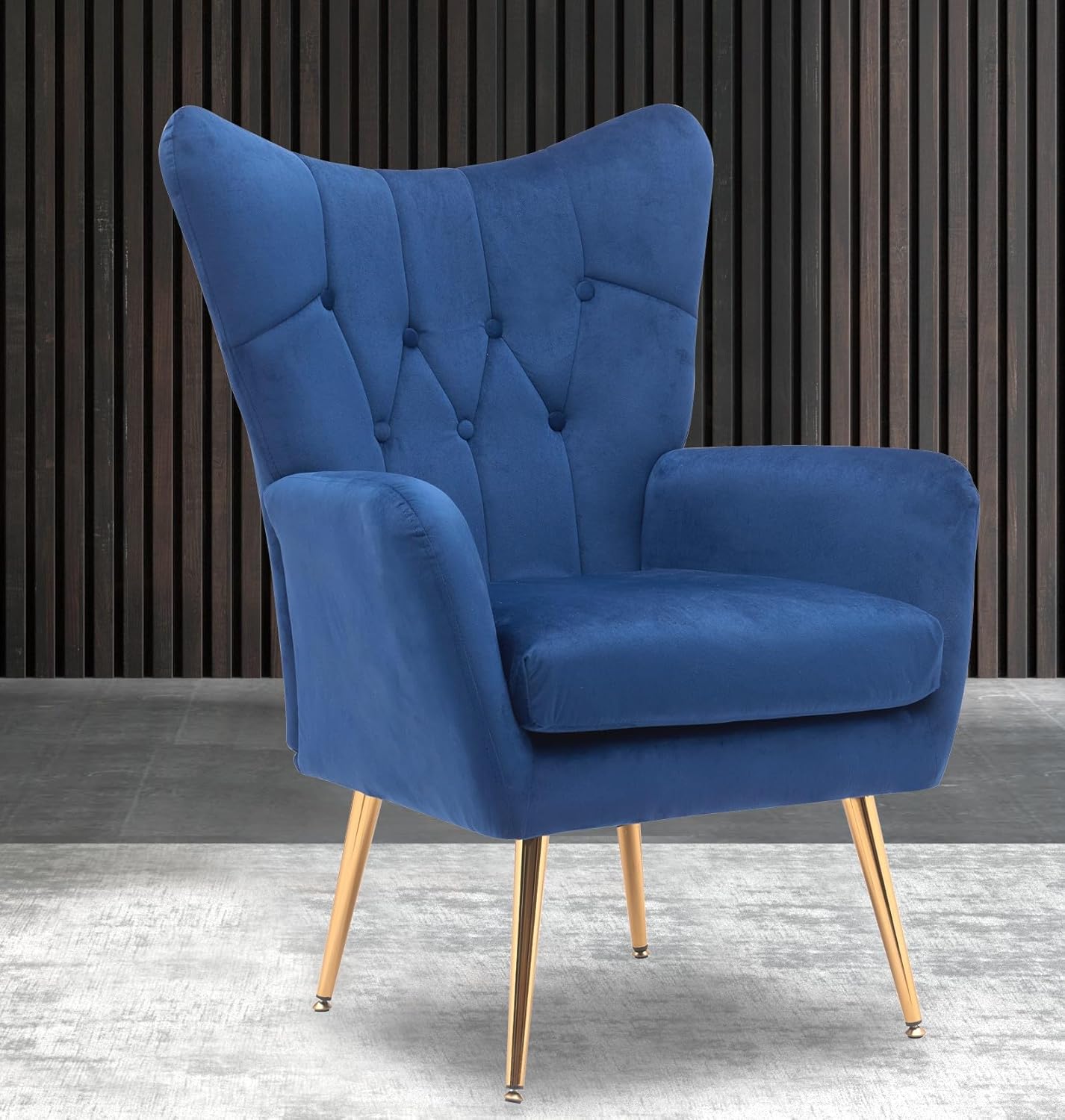 Container Furniture Direct Modern Chic Mid-Century Velvet Accent Armchair for Living Room, Bedroom, or Home Office, Button-Tufted Wingback Design with Gold Flared Legs, Navy Blue