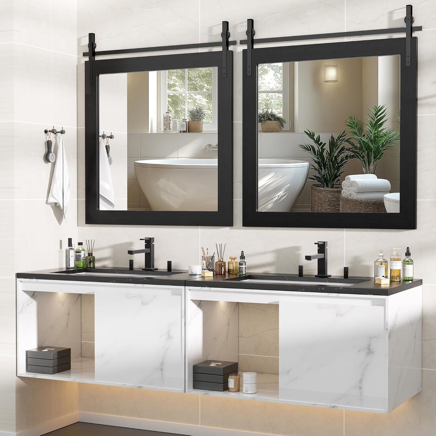 Hasipu Farmhouse Bathroom Mirror, 31"x31" Rustic Wood Framed Wall Mounted Mirror, Black Vintage Vanity Mirror Barn Door Style Decrative Mirrors