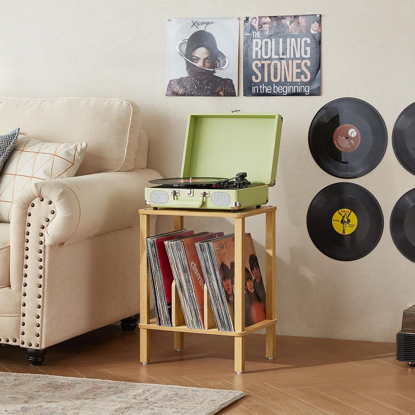 LELELINKY 2-Tier Bamboo Record Player Stand Set of 2 with Vinyl Record Storage up to 100 Albums, Boho Bedroom Record Holder and Multi-Functional End Table for Living Room, Natural