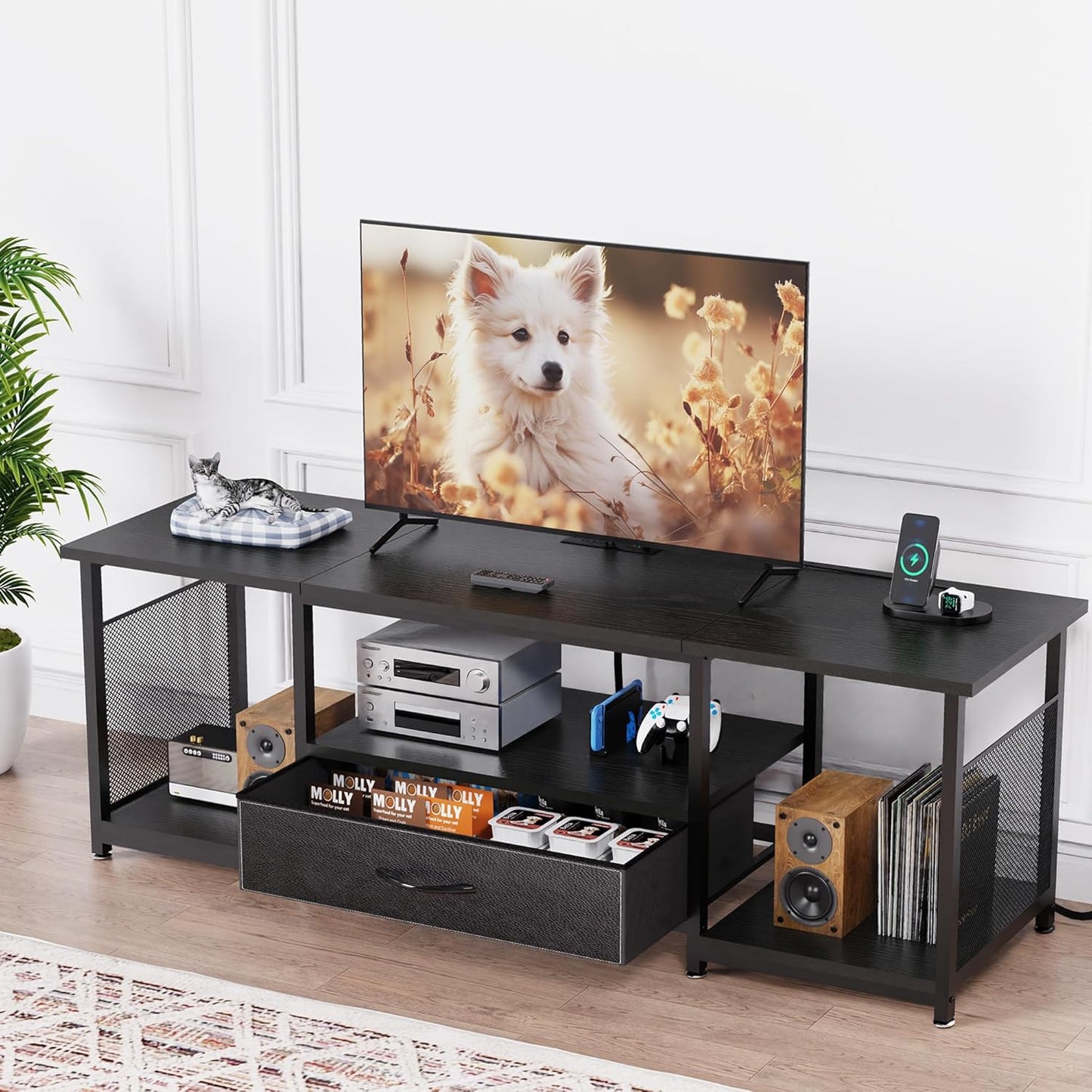 TV Stand with Drawers and Power Outlet for 65 60 55 Inch TV, Entertainment Center with Open Storage Shelves, Industrial Media TV Console Table for Living Room Bedroom Office, Black