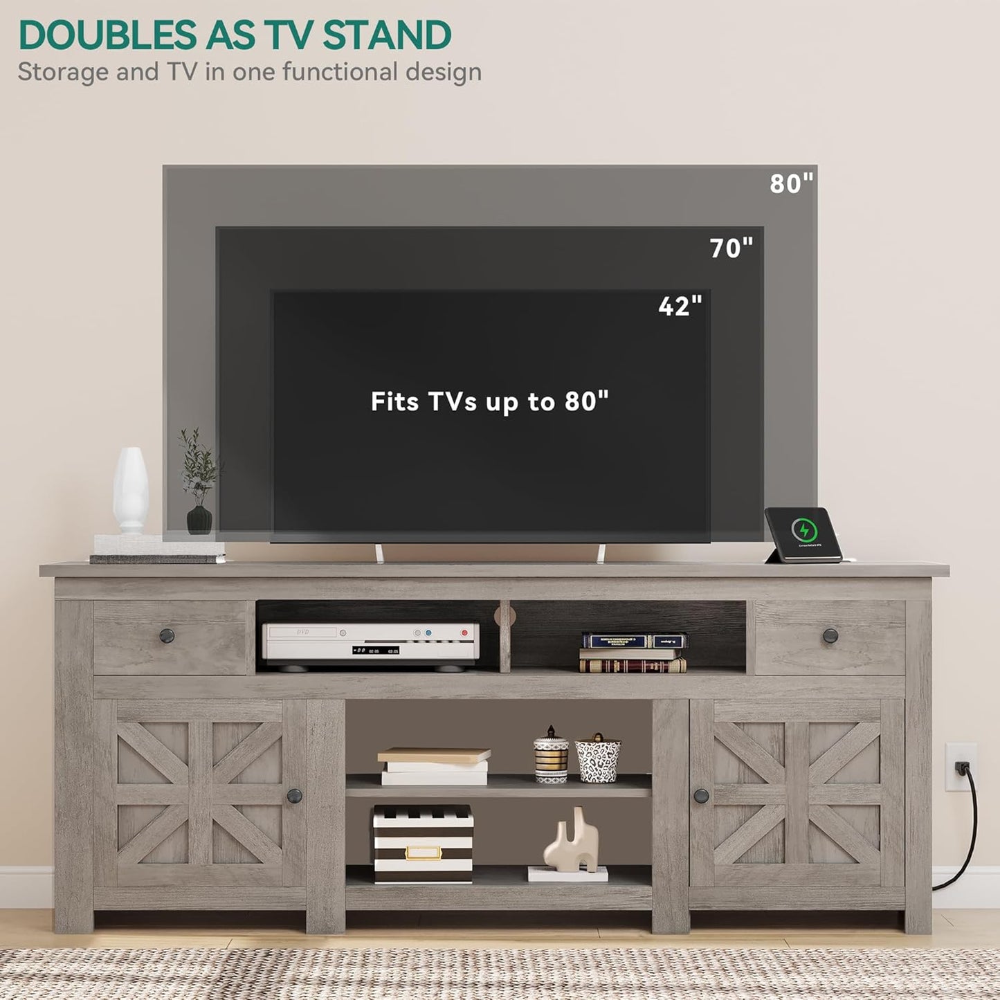 YITAHOME TV Stand for 75/80 Inch TV, Farmhouse Entertainment Center with Storage, 70 Inch TV Cabinet with Drawers and Power Outlet, TV Console for Living Room (Grey Oak)