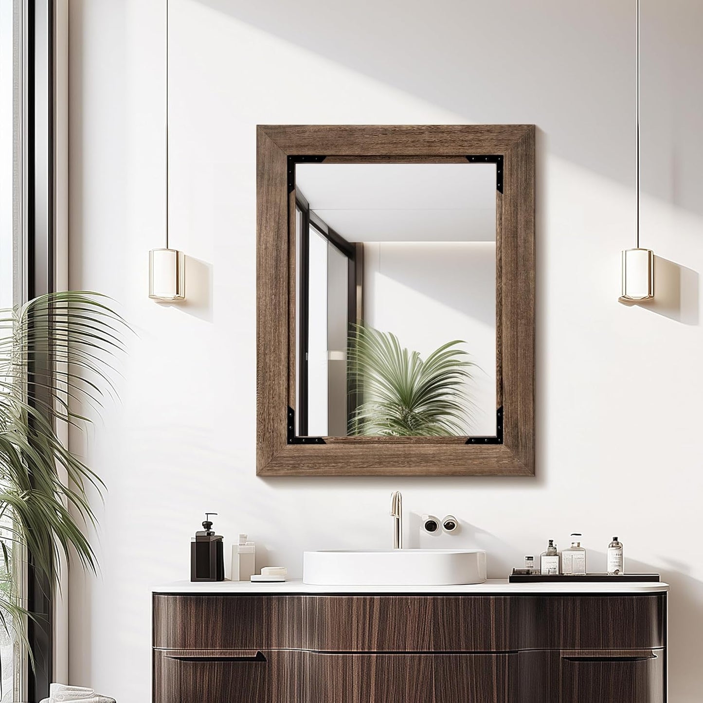 28"x36" Solid Wood Bathroom Mirror Tempered Glass for Wall Mounted, Rustic Wood Frame Wall Mirror Decorative for Living Room Bedroom Vanity Mirror, Rustic Brown