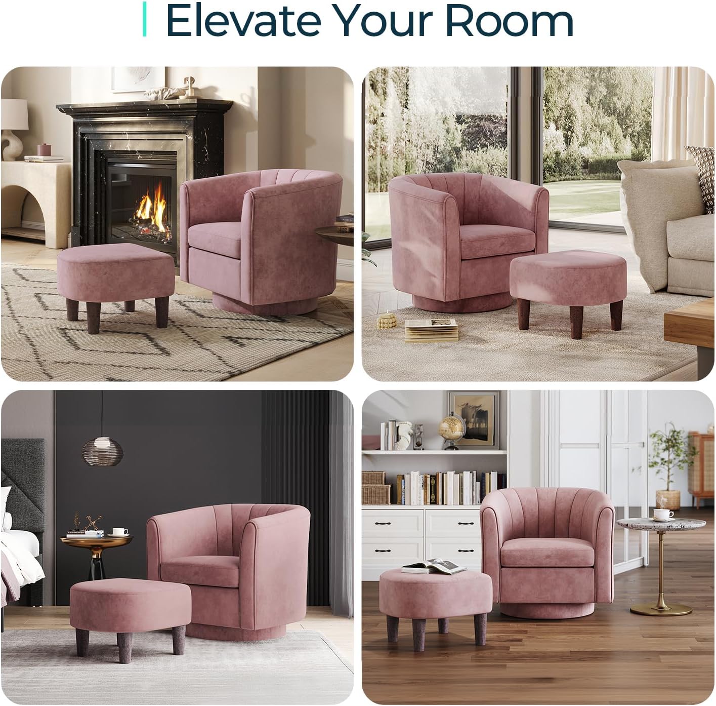 LINSY Swivel Accent Chair Ottoman Set: Velvet Small Barrel Chair with Foot Rest, Modern Reading Chair Upholstered Armchair with Footrest for Living Room Bedroom Study Room Office (Pink)