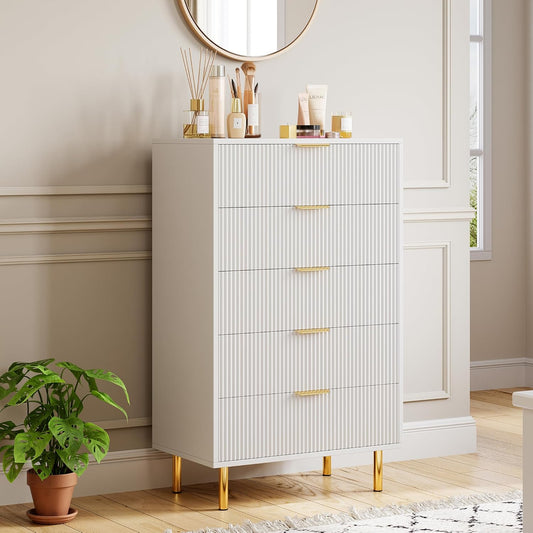 GarveeHome White Dresser, Modern 5 Drawer Dresser for Bedroom with Gold Handle and Large Drawer, Wood Double Chest of Drawers and Storage Organizer for Living Room, Hallway, Entryway