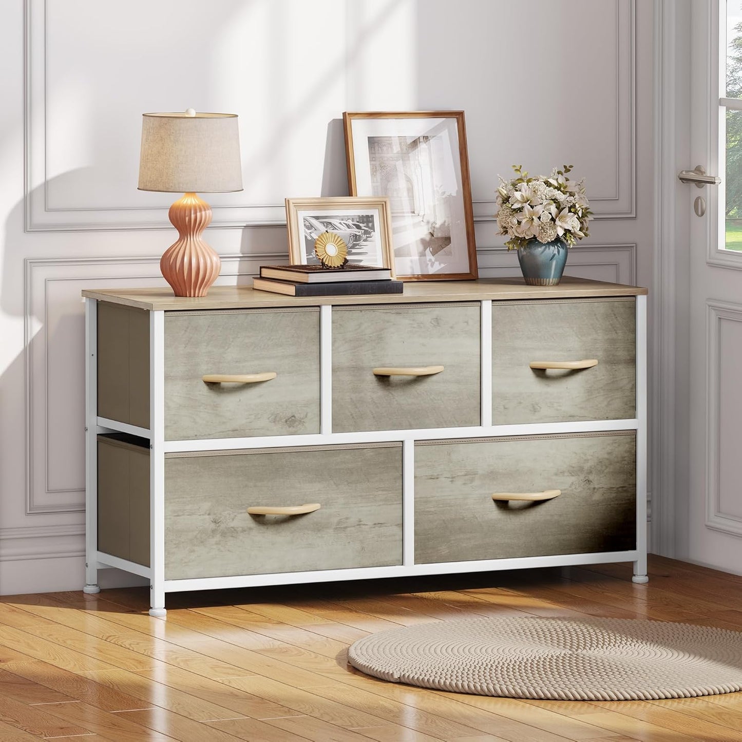 DWVO Wide Chest of Drawers, Dresser with 5 Drawers, Oak Grain Fabric Storage Tower, Dresser for Bedroom with 5 Drawers, Living Room, Closets - Sturdy Steel Frame, Wooden Top