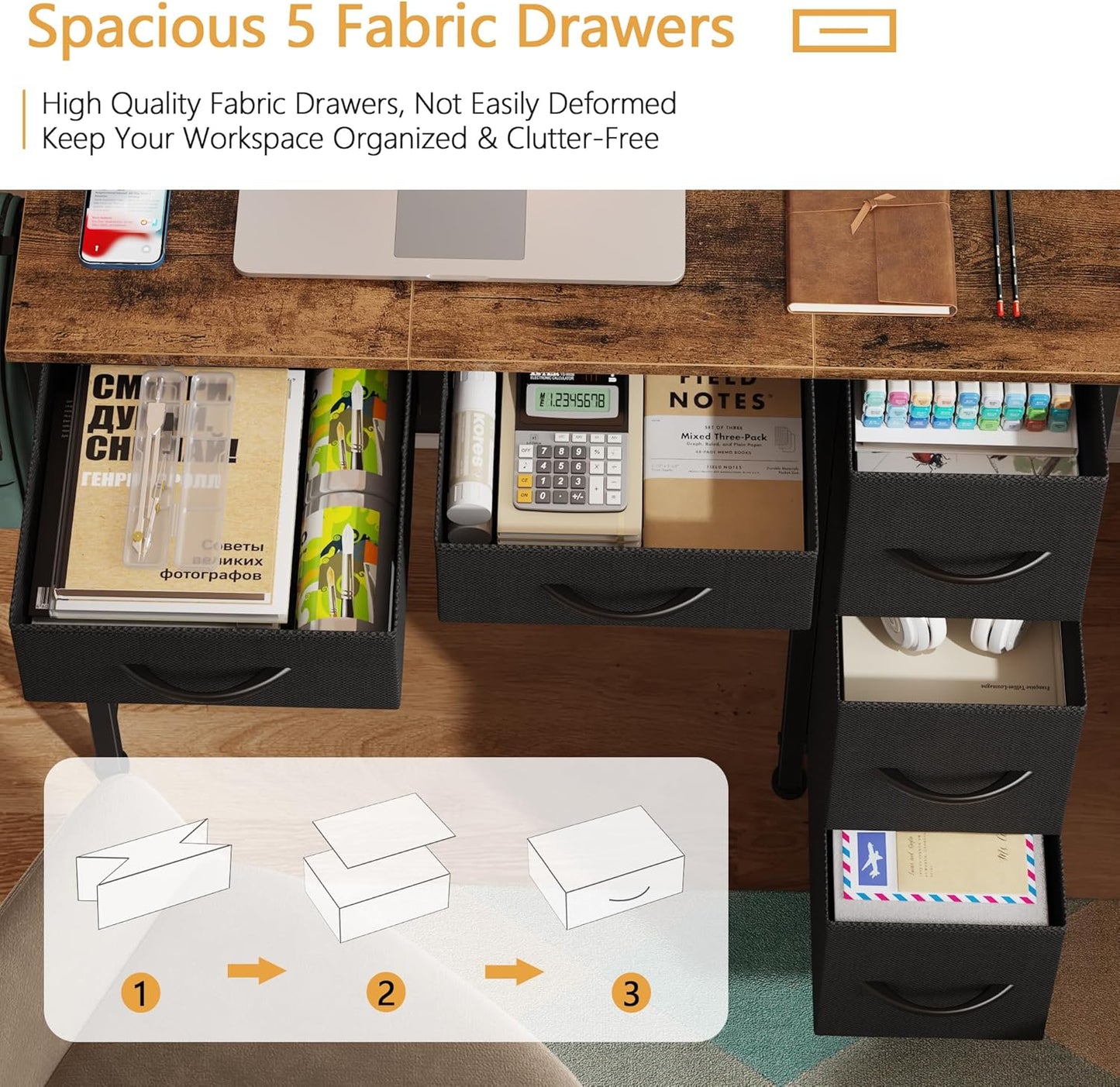 Small Desk with 5 Fabric Drawers, 33 Inch Computer Desk for Home Office, Simple PC Desks for Small Places, Kids Girls Teen Wrting Table Study Table for Bedroom Dorm, Rustic Brown