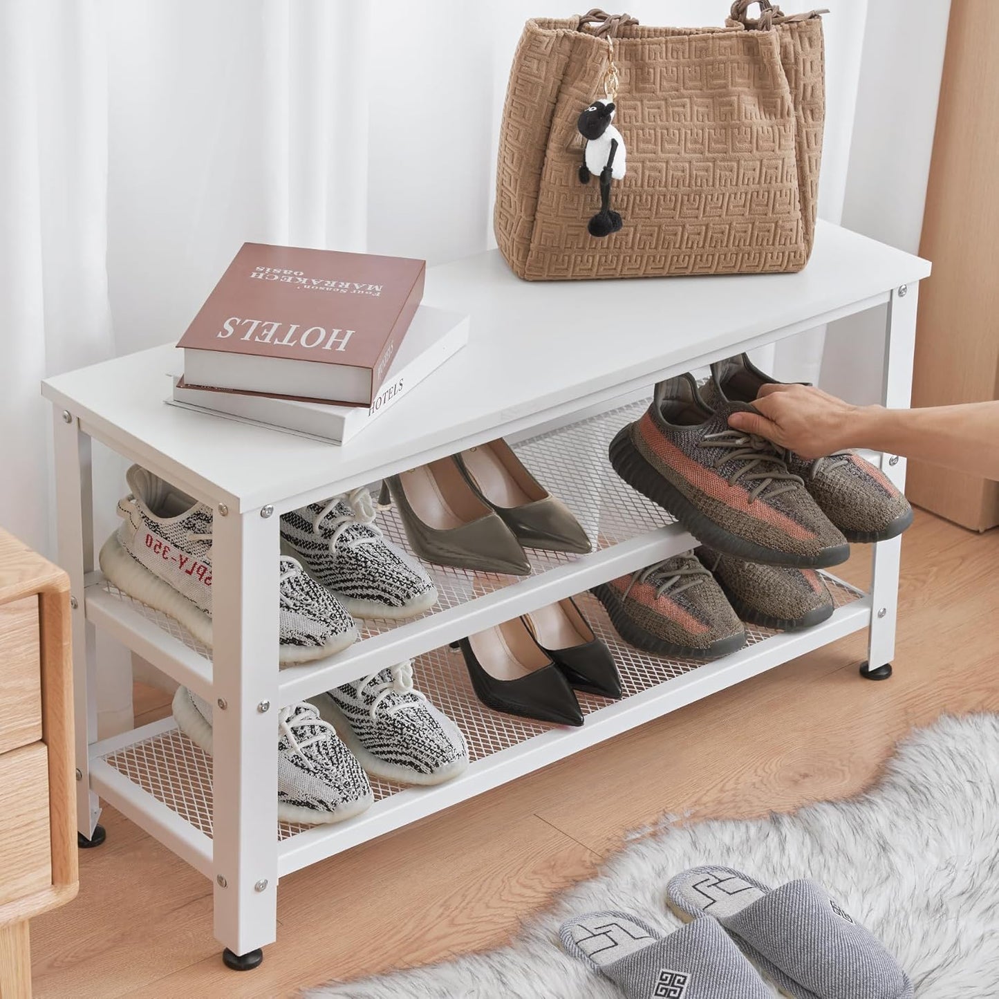 Apicizon White Shoe Rack, 35.5 Inches 3-Tier Shoe Rack for Entryway with Long Seat and Metal Shelves for Garage, Entryway Bench for Hallway Front Door, Mudroom, Doorway, Living Room, Bedroom