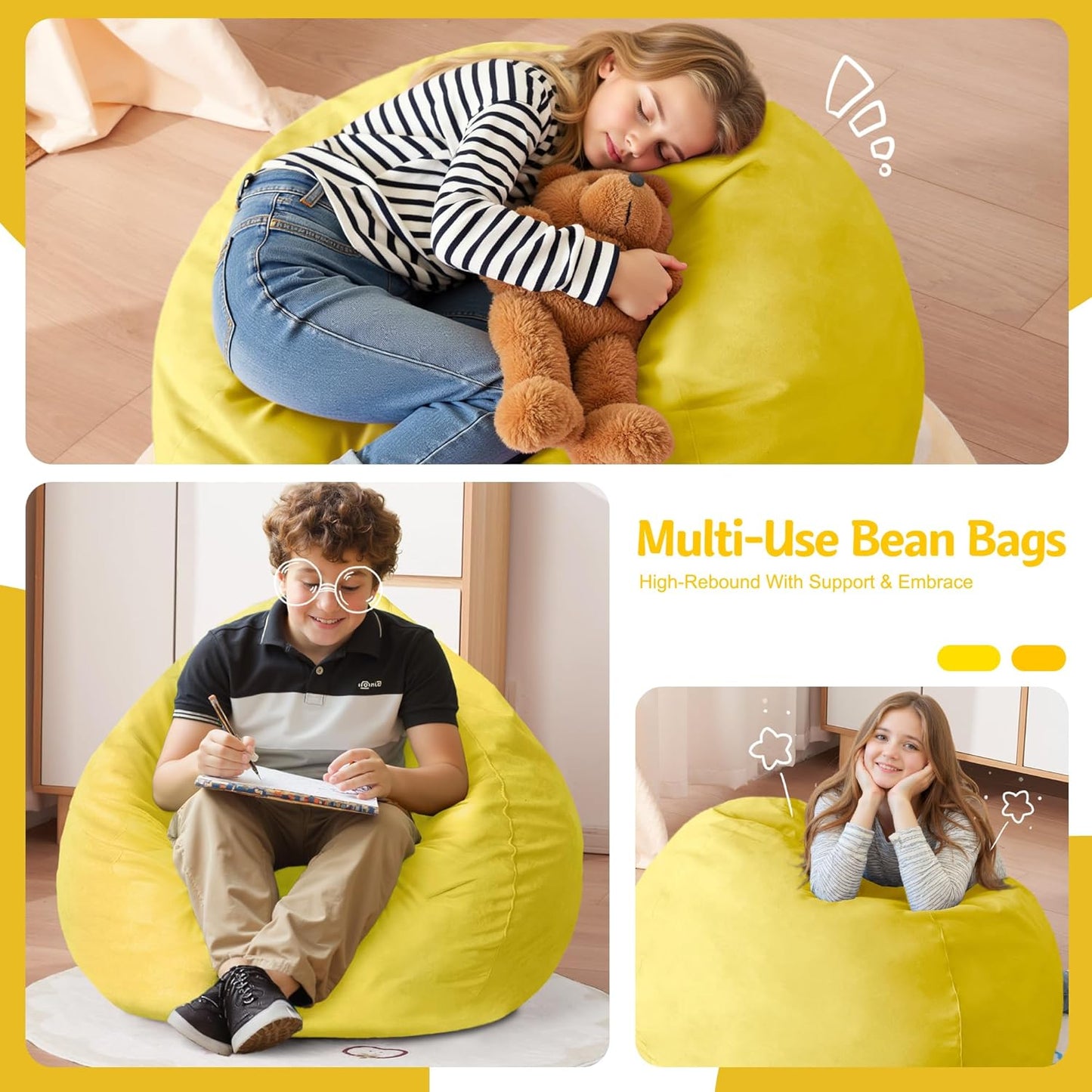 Homguava 2FT Bean Bag Chair: 2' Bean Bags with Memory Foam Filled,Comfy Beanbag Chairs Round Bean Bag Sofa with Dutch Velvet Cover-Yellow