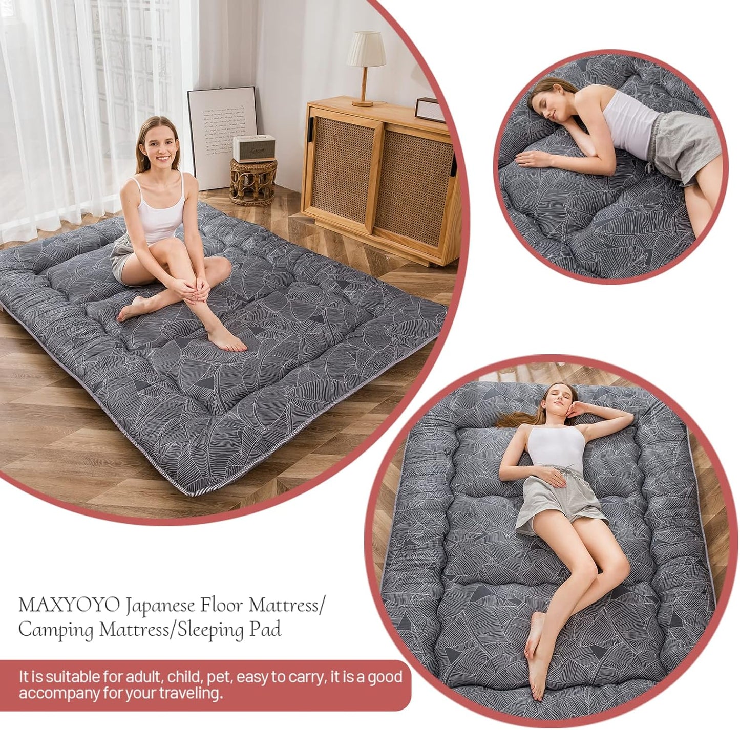 MAXYOYO Japanese Floor Mattress Futon Mattress, 4" Thicken Tatami Mat Sleeping Pad Foldable Roll Up Mat Boys Girls Dormitory Pad Kids Floor Lounger Pillow Bed, Charcoal Grey, Queen Size