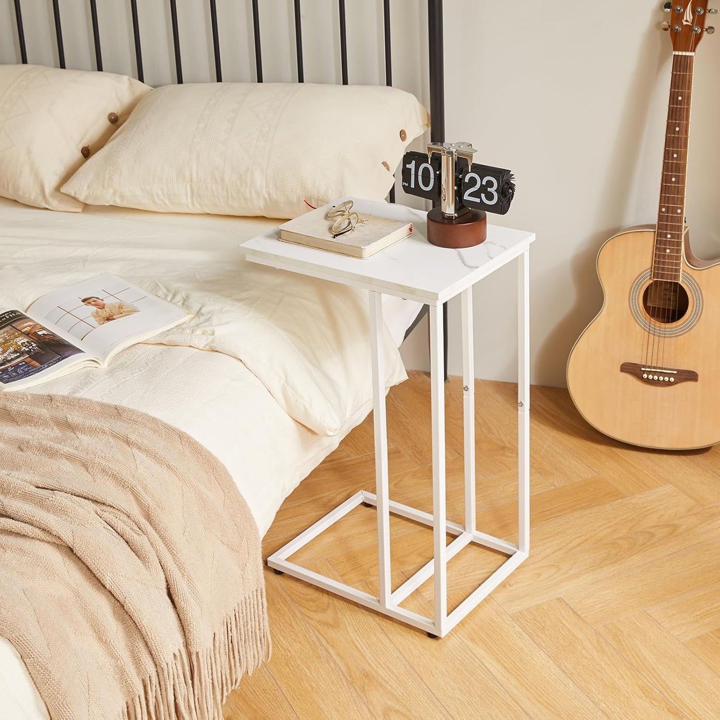 C Shaped End Table Set of 2, Small Side Table for Sofa and Bed, White Bedside Table, Laptop Desk for Couch 16x12x25 inch Faux Marble+White YD-TM051W-2