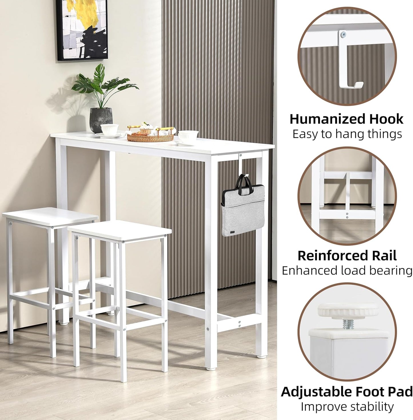 Finnhomy 47" Industrial Bar Table Set with 2 Stools - Counter Height Dining & Pub Table for Small Spaces, Kitchen, Apartment, Breakfast Nook - Metal & Wood, Space-Saving Furniture - White