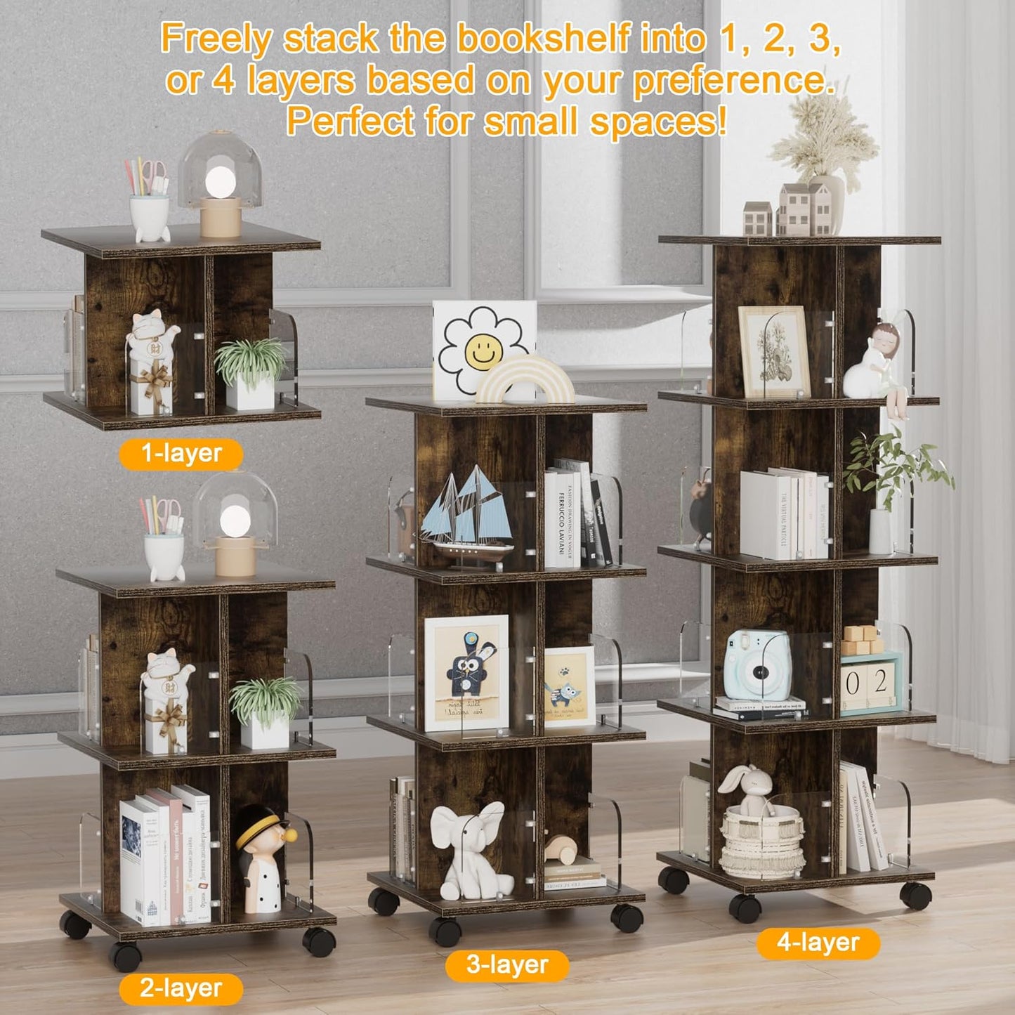 VECELO 4-Tier Rotating Bookshelf, Modern Swivel Bookcase, Vintage Book Shelf for 360° Display, Stackable Shelves Floor-Standing Storage for Home Office, Solid Wood, Smooth Spinning, Brown