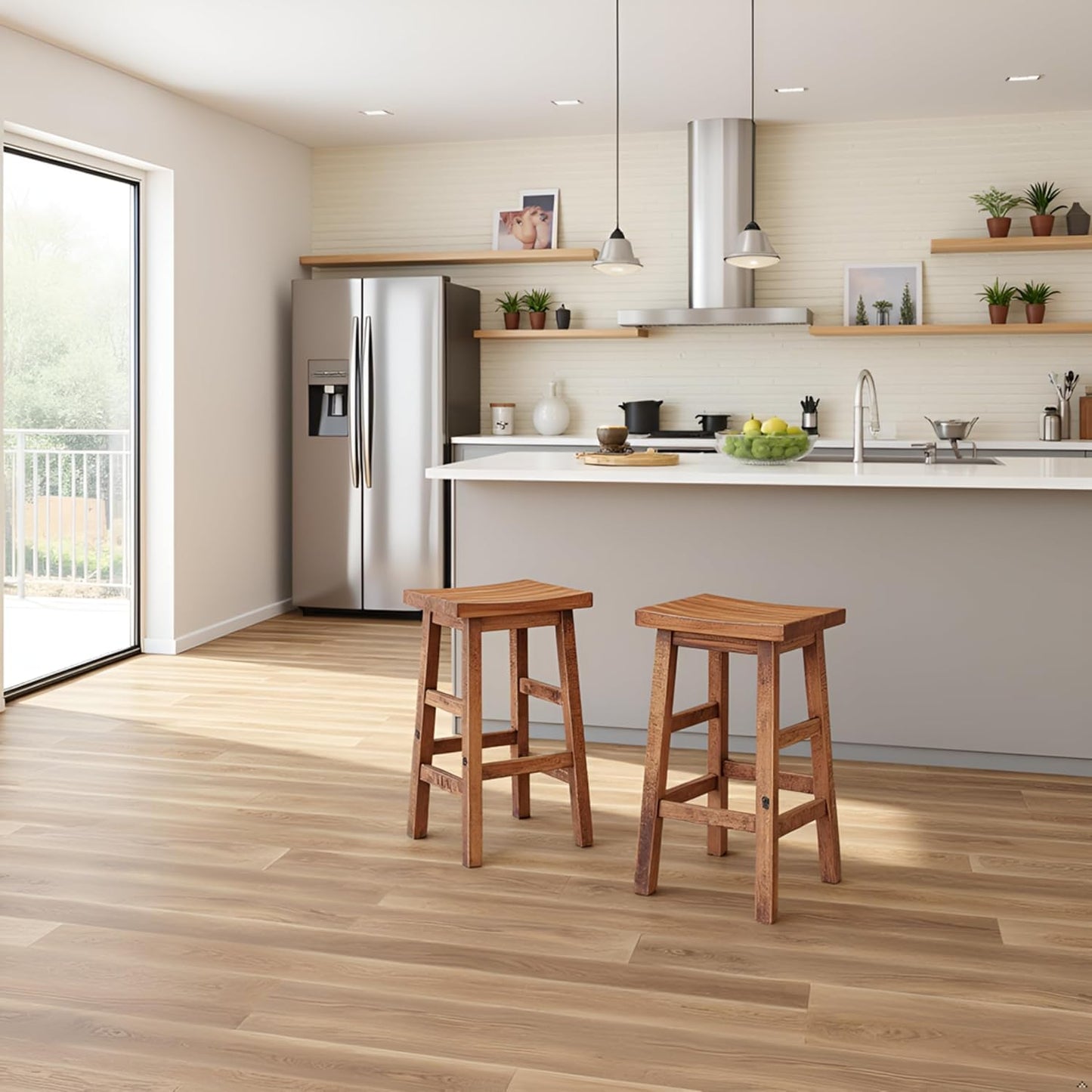 Alaterre Furniture Durango 26-Inch Industrial Wood Counter-Height Stools – Set of 2 Rustic Saddle Seat Bar Stools - Vintage Style with Light or Dark Lacquer Finish for Kitchen Island or Home Bar