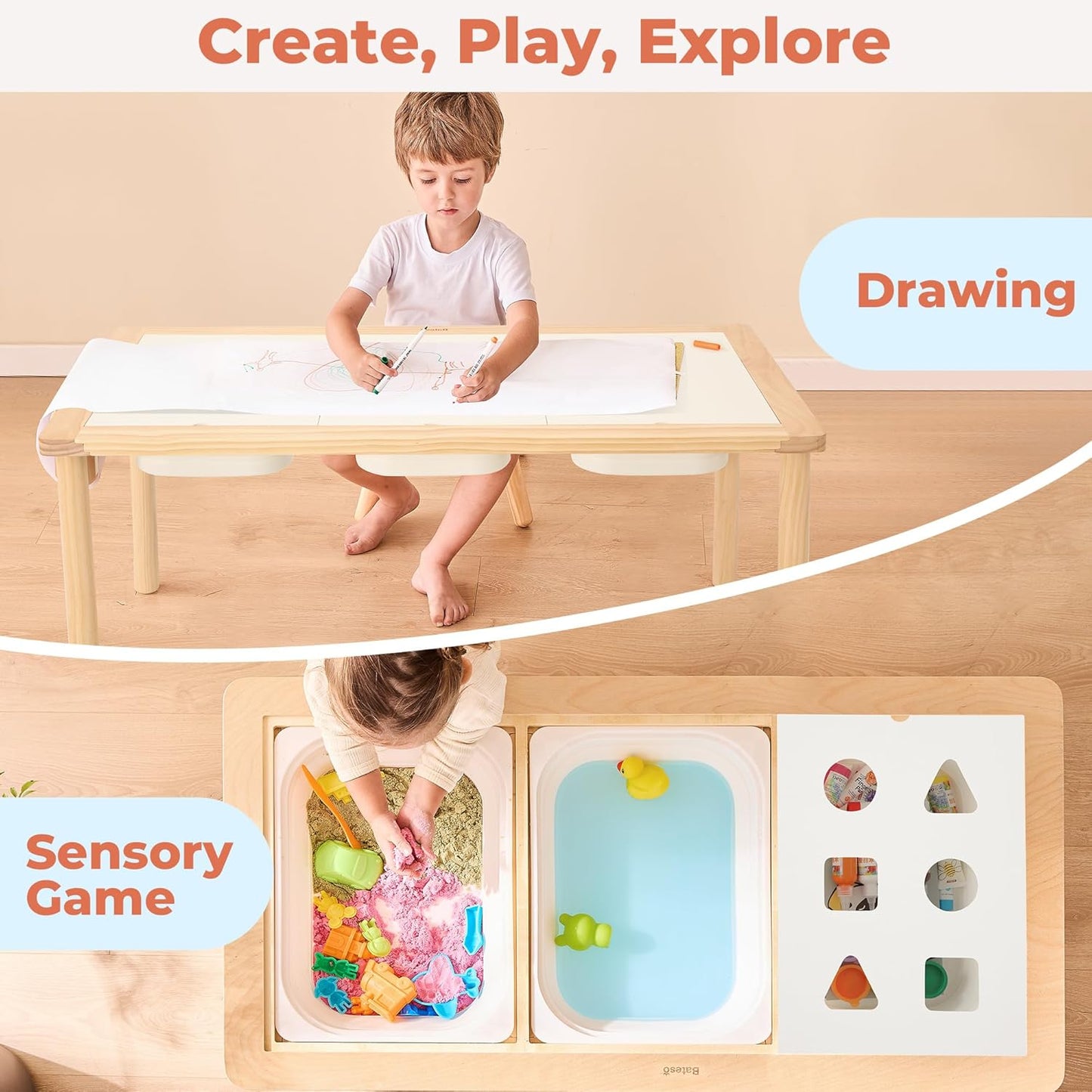 Sensory Table for Toddlers with 3 Storage Bins, Wooden Activity Table with Double-Sided Boards, Sand and Water Play, Indoor & Outdoor Use