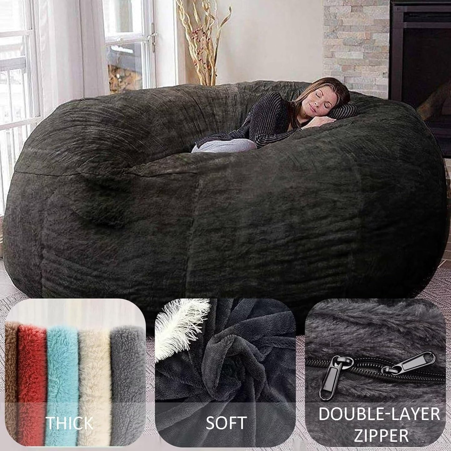 BCU 6FT Bean Bag Chair for Adults and Kids Without Filler Giant Stuffed Animal Storage Cover Soft Faux Fur Floor Chair Cover for Bedroom Living Room, Black