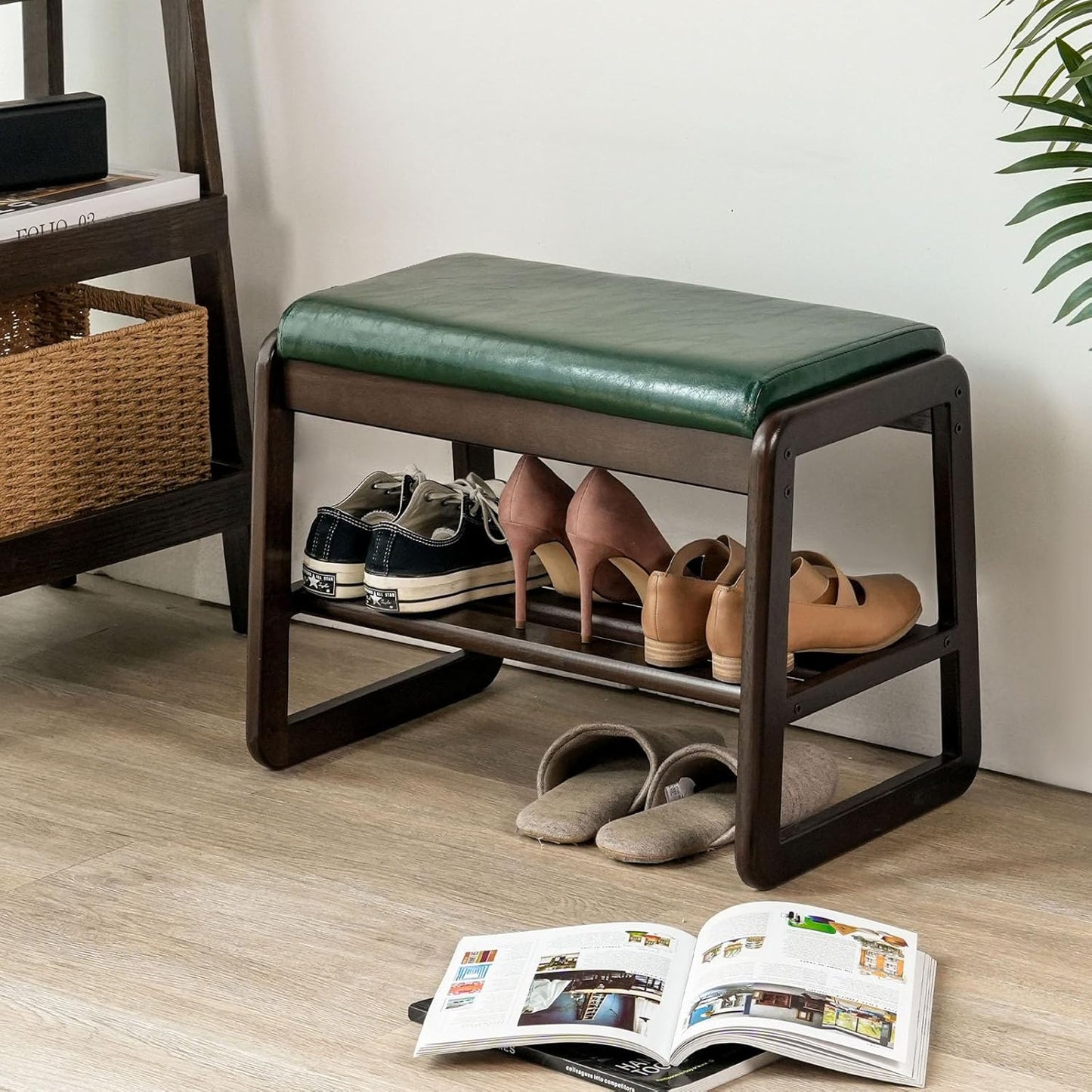 Shoe Bench, Entryway Bench with Leather Cushion, Solid Wood Shoe Rack, Mid Century Modern Bench, Shoe Storage, Shoe Organizer for Entryway (Green, 21.7" W)