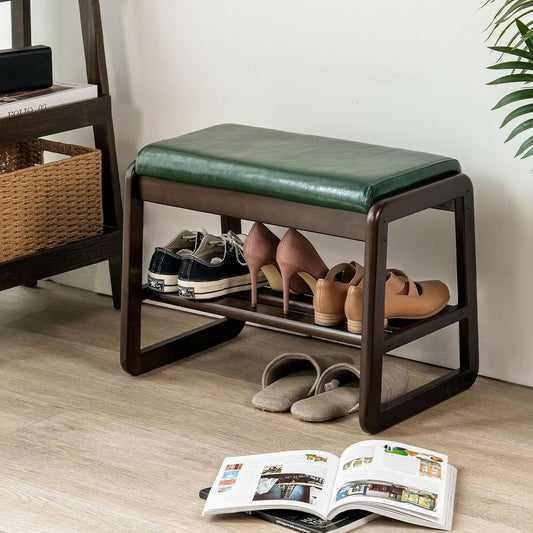 Shoe Bench, Entryway Bench with Leather Cushion, Solid Wood Shoe Rack, Mid Century Modern Bench, Shoe Storage, Shoe Organizer for Entryway (Green, 21.7" W)