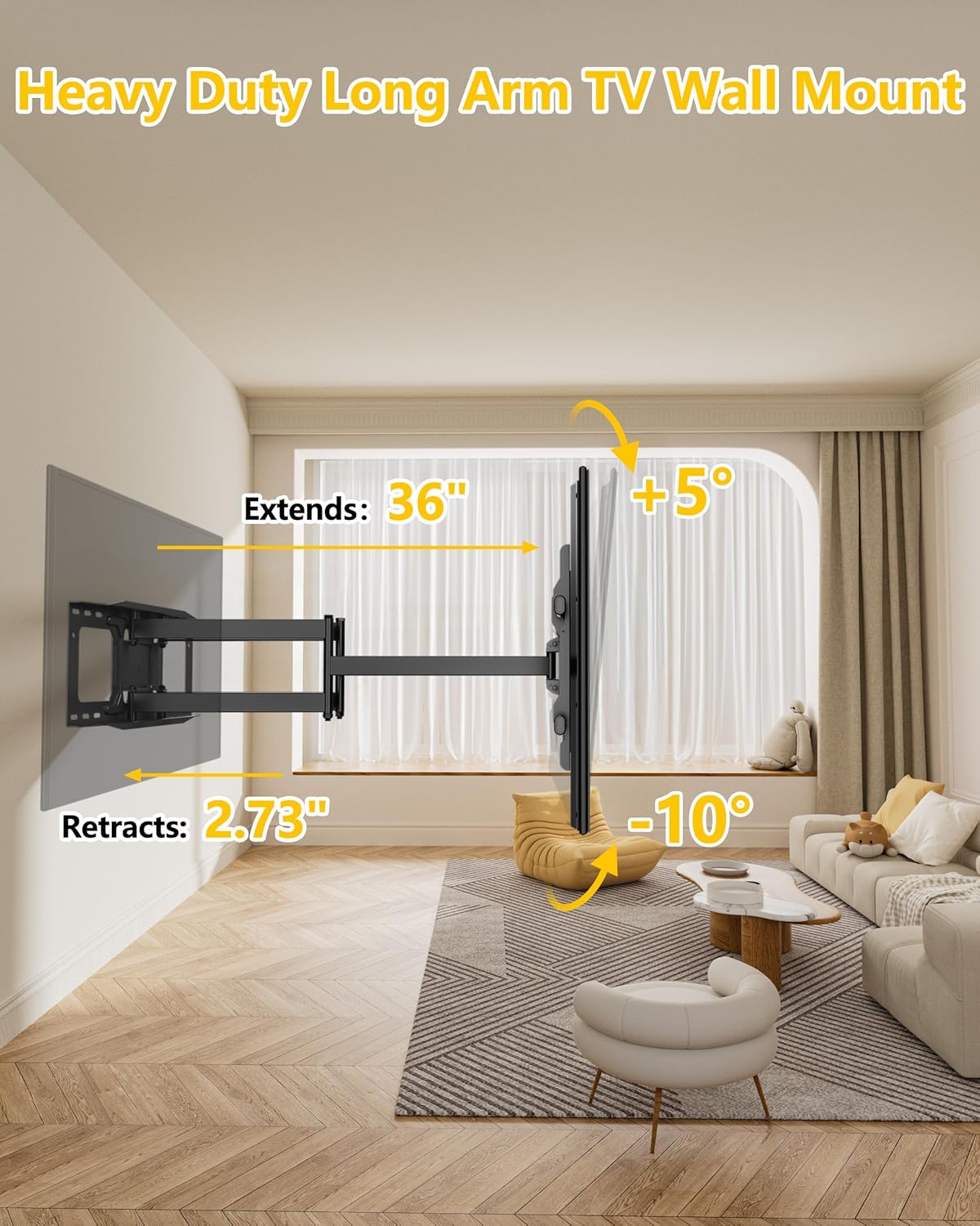 FORGING MOUNT Long Arm TV Wall Mount with 36" Extension Dual Articulating Full Motion TV Mount Bracket for 50"-90" Flat Curved TVs, Easy Install on 16" 24" Studs Max VESA 600x400mm up to 198lbs