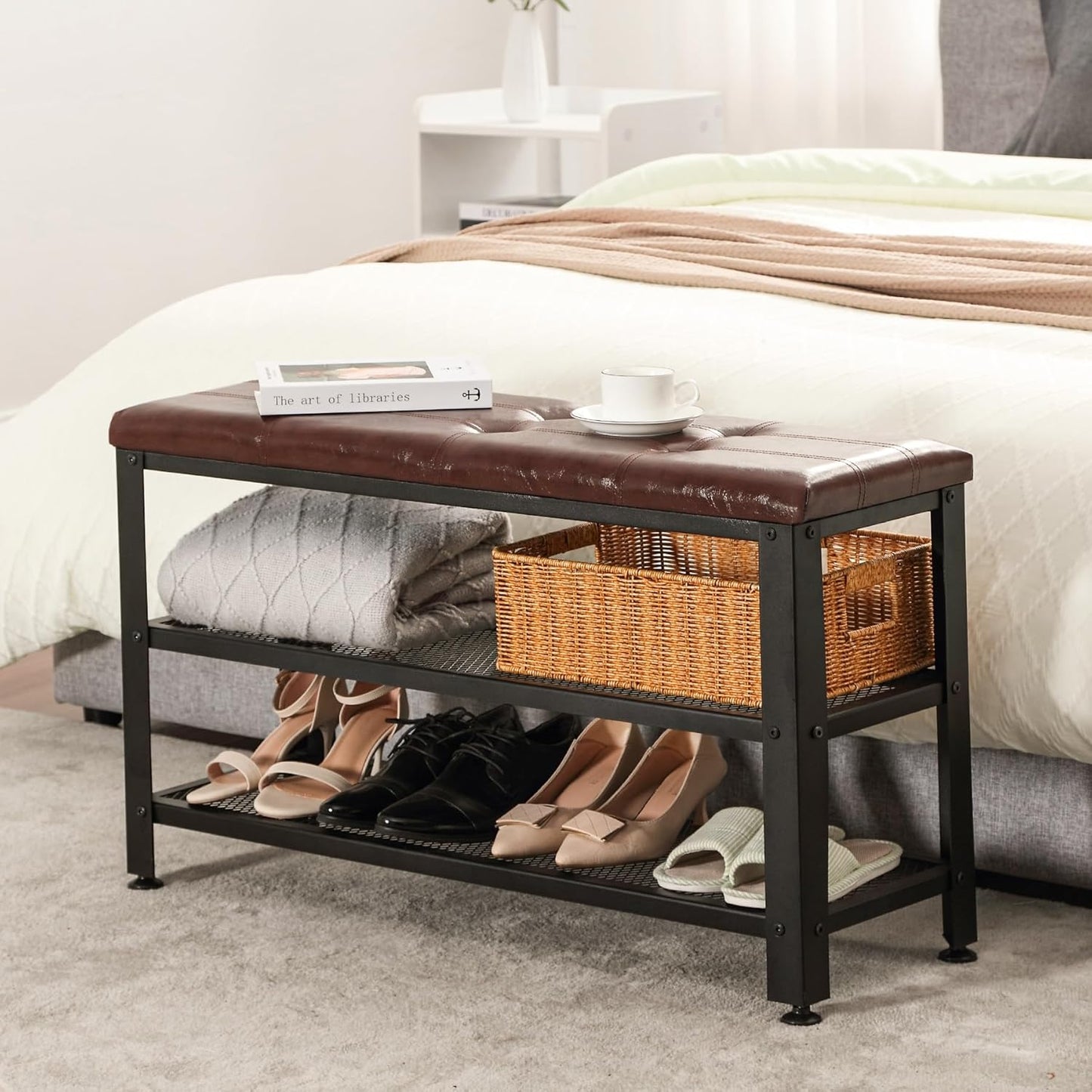 Apicizon 35.5" Shoe Rack Bench, 3-Tier Entryway Bench, with Leather Seat and Metal Frame, Loads 300 lb, Suitable for Living Room, Hallway, Mudroom, Doorway, Rustic Brown