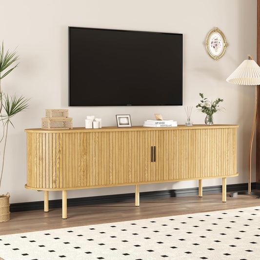 70.1" TV Stand, Modern TV Console Table with Storage Compartment and Sliding Door, Gaming Entertainment Center with Cabinet for Living Room, Bedroom, Office, Oak