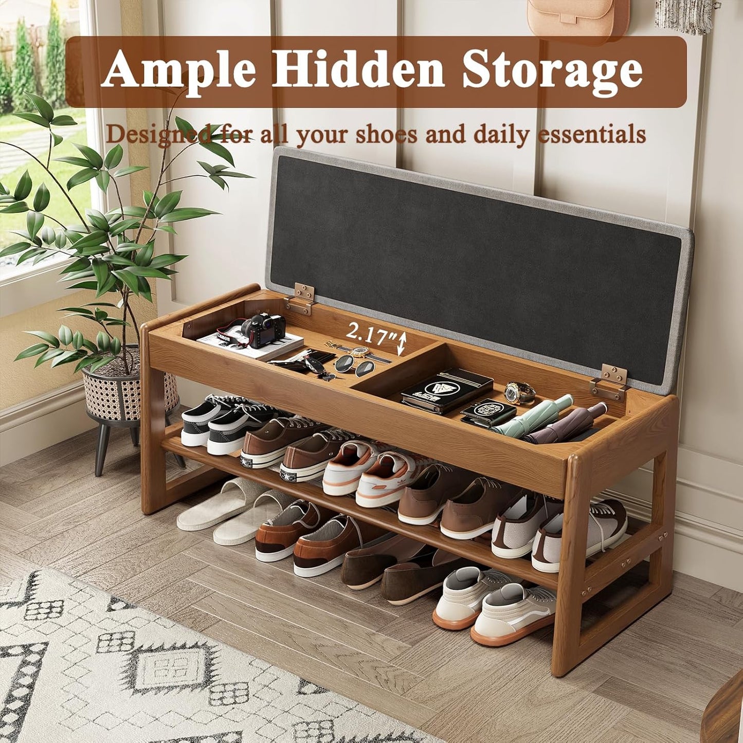 Shoe Rack Bench with Cotton-Linen Cushion 2-Tier Wooden Storage Bench 550lbs Compact Simple & Modern Design for Entryway, Hallway, Bedroom, Living Room, Closet, Front Door Entrance, Foyer