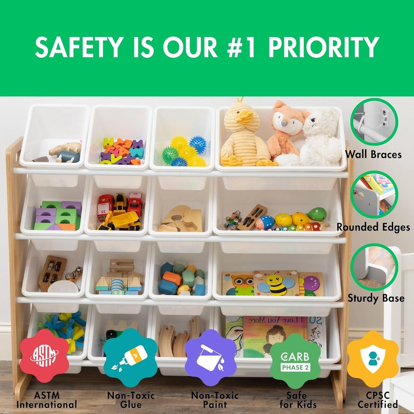 Humble Crew Supersized Toy Storage Organizer with 16 Removable Bins, Natural/White – Large Toy Storage for Toddlers Ideal for Kids' Rooms, Playrooms, and Nurseries - Modern Toy Bins for Kids