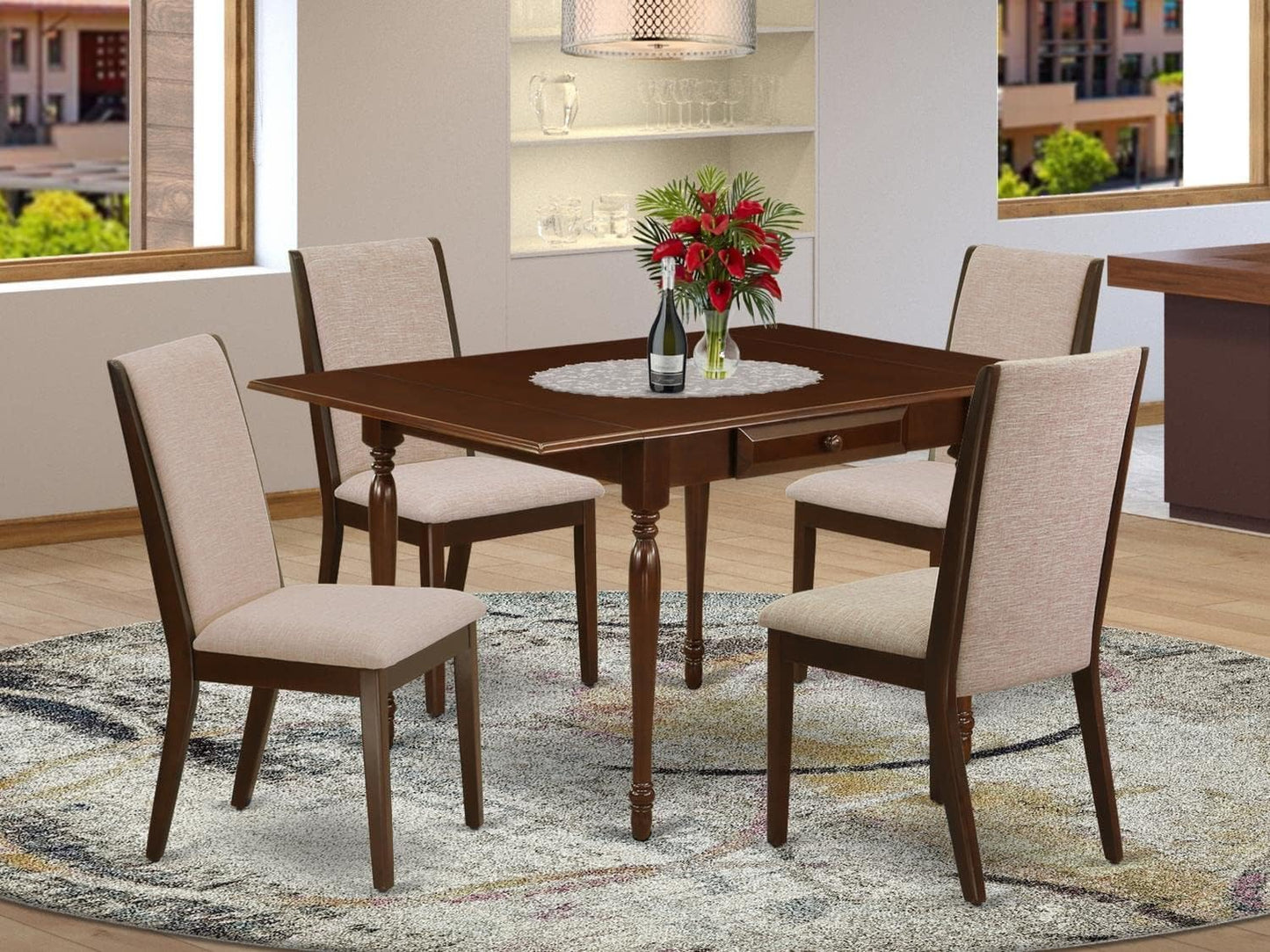 East West Furniture MZLA5-MAH-04 5 Piece Dining Room Furniture Set Includes a Rectangle Dining Table with Dropleaf and 4 Light Tan Linen Fabric Upholstered Chairs, 36x54 Inch, Mahogany