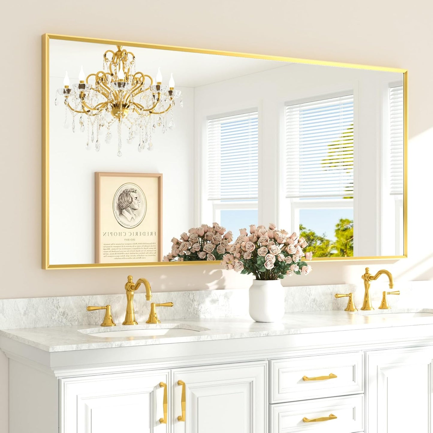 TETOTE Brushed Gold Mirror Beveled Frame 72" x 36" Large Brass Gold Rectangle Bathroom Vanity Wall Mirror for Over Sink, Modern Farmhouse, Tempered Glass, Shatterproof, Stronger Frame