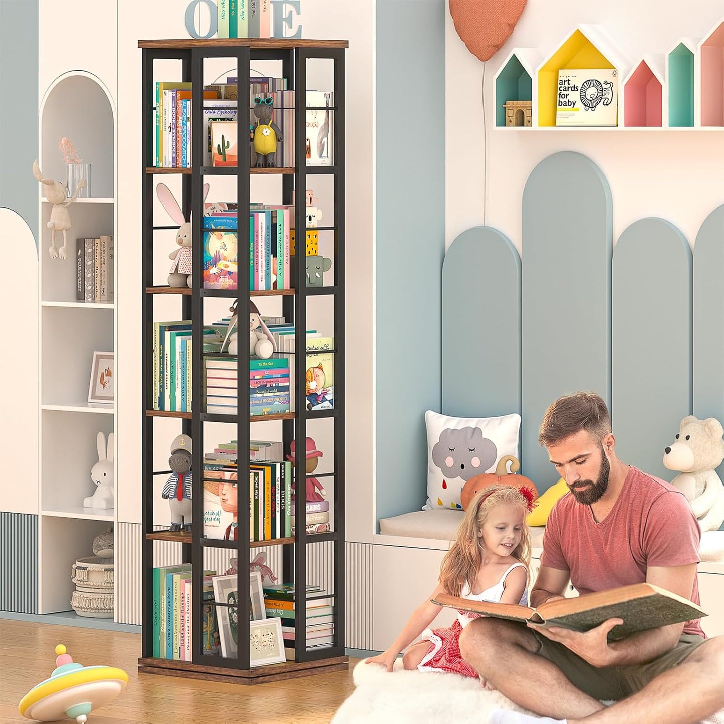 Aheaplus Rotating Bookshelf, Corner Bookcase, 360 Display Wood Spinning Bookshelves, Floor Standing Bookcase Narrow Shelf,5 Tiers, Rustic Brown