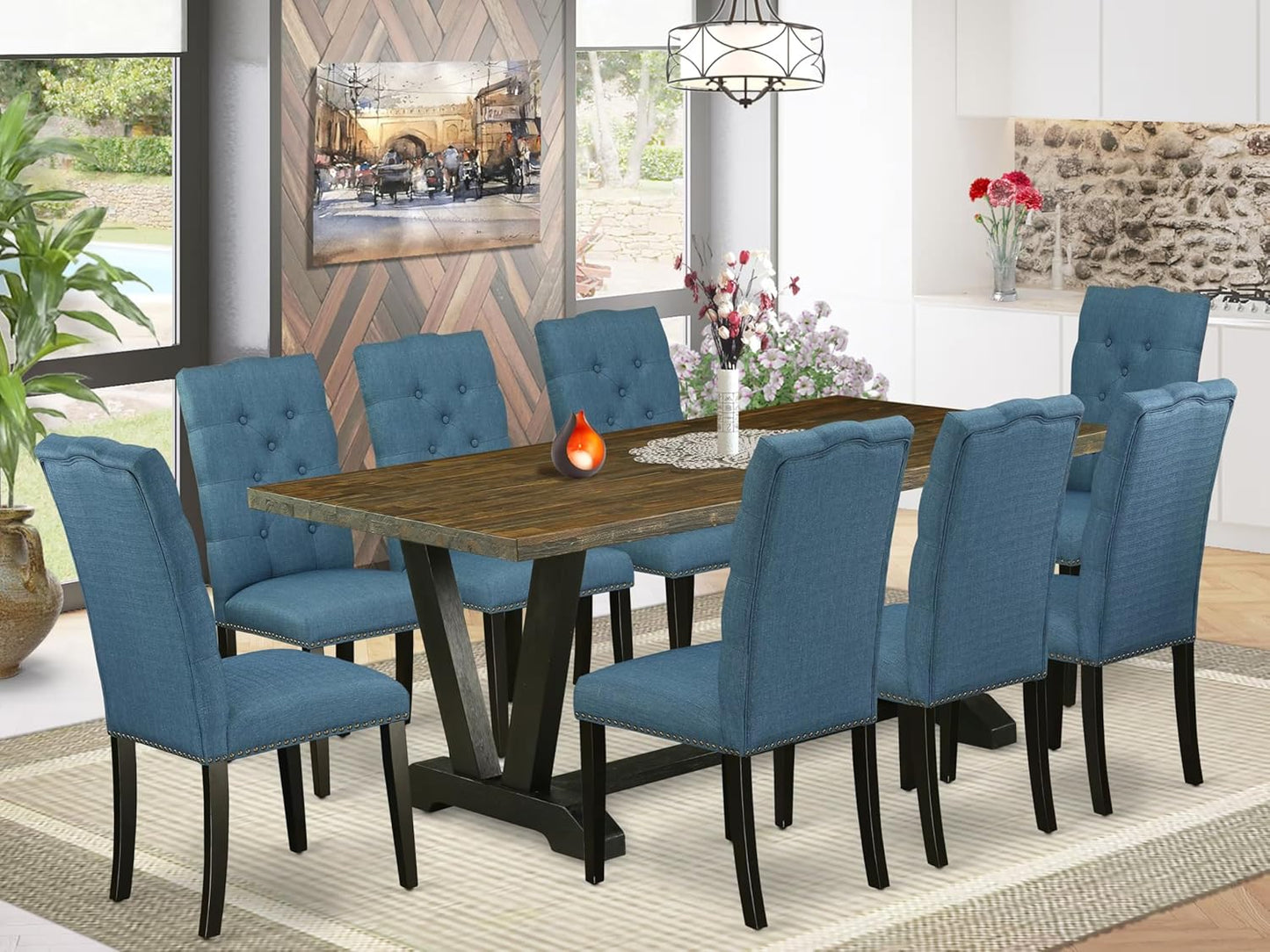 East West Furniture V677EL121-9 9 Piece Dining Set Includes a Rectangle Dining Room Table with V-Legs and 8 Blue Linen Fabric Upholstered Parson Chairs, 40x72 Inch, Multi-Color