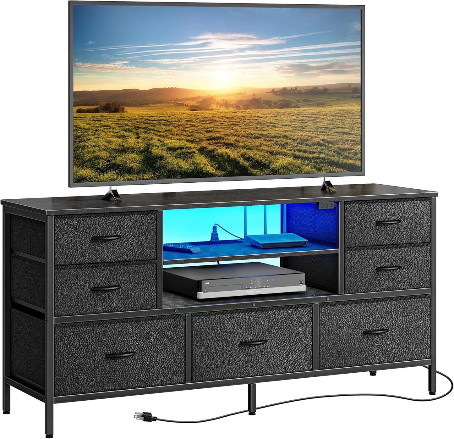 Huuger TV Stand Dresser with Power Outlets and LED Lights, 7 Drawer Console for 55 Inch TV, Black PU Leather Bedroom Dresser