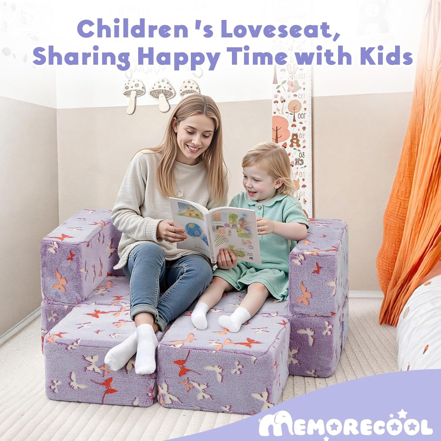MeMoreCool Modular Kids Couch, Glow Play Toddler Couch for Bedroom Playroom, Convertible Foam Kids Sofa Bed, Fold Out Baby Sofa for Girl Boy, Butterfly