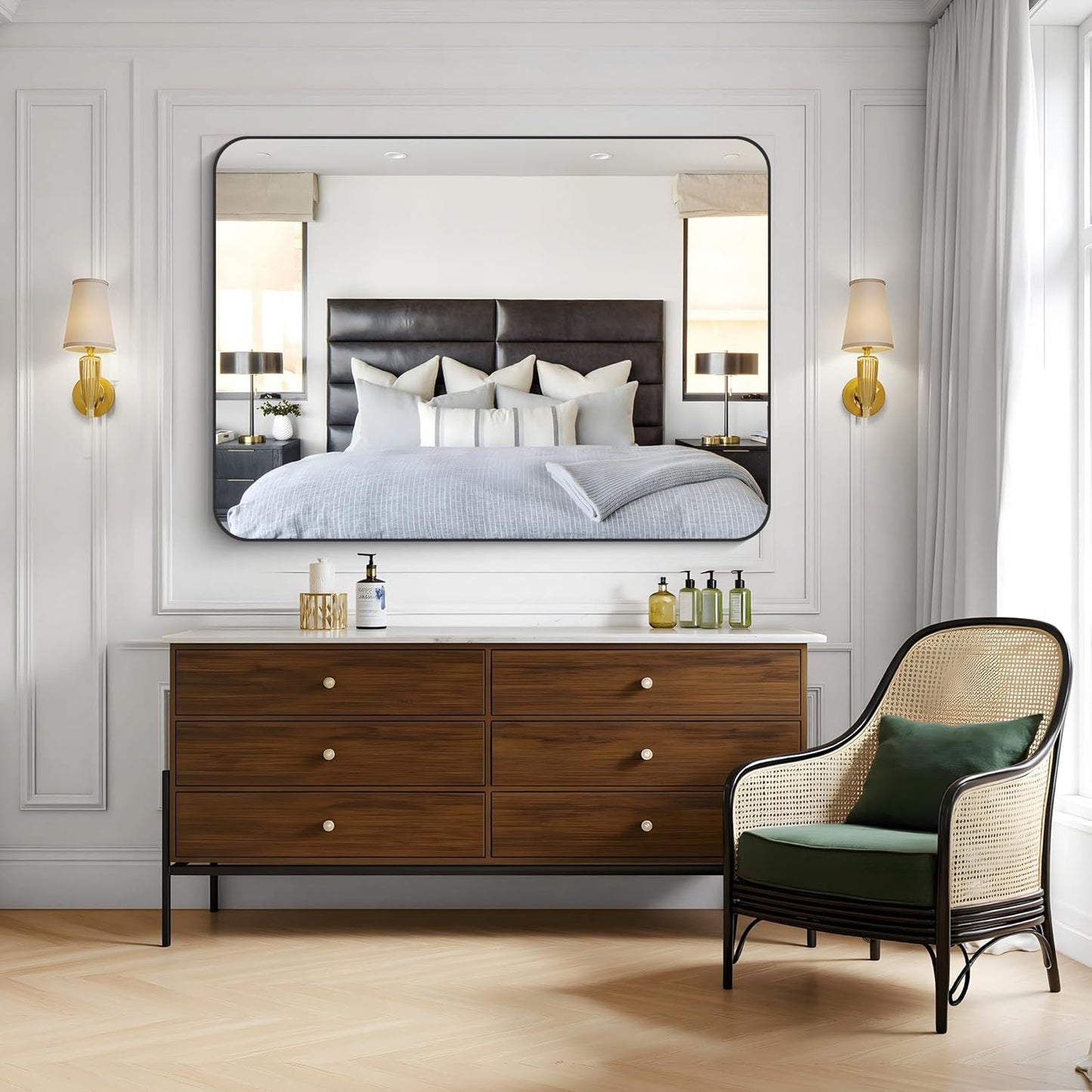 KOCUUY Black Bathroom Mirror 55"x40", Large Vanity Mirror with Rounded Corner, Metal Black Frame with Mordern Design for Bathroom, Living Room, Entryway, Hang Horizontal/Vertical