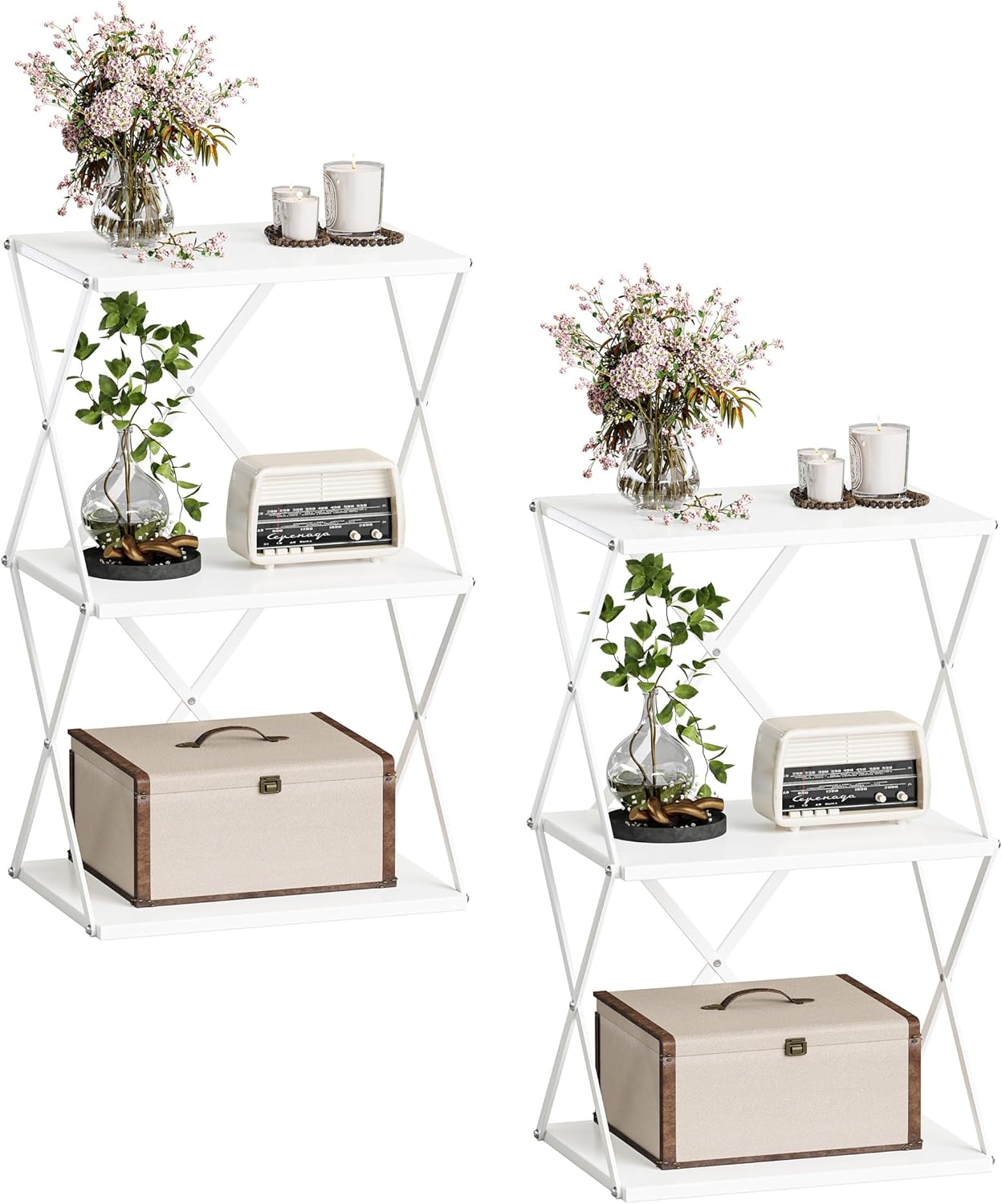 3-Tier End Table Set of 2 Small Side Table Tall Bedside Night Stand with Storage Sofa Side desks for Living Room Bedroom Office Bathroom Small Space White ET-03W-2