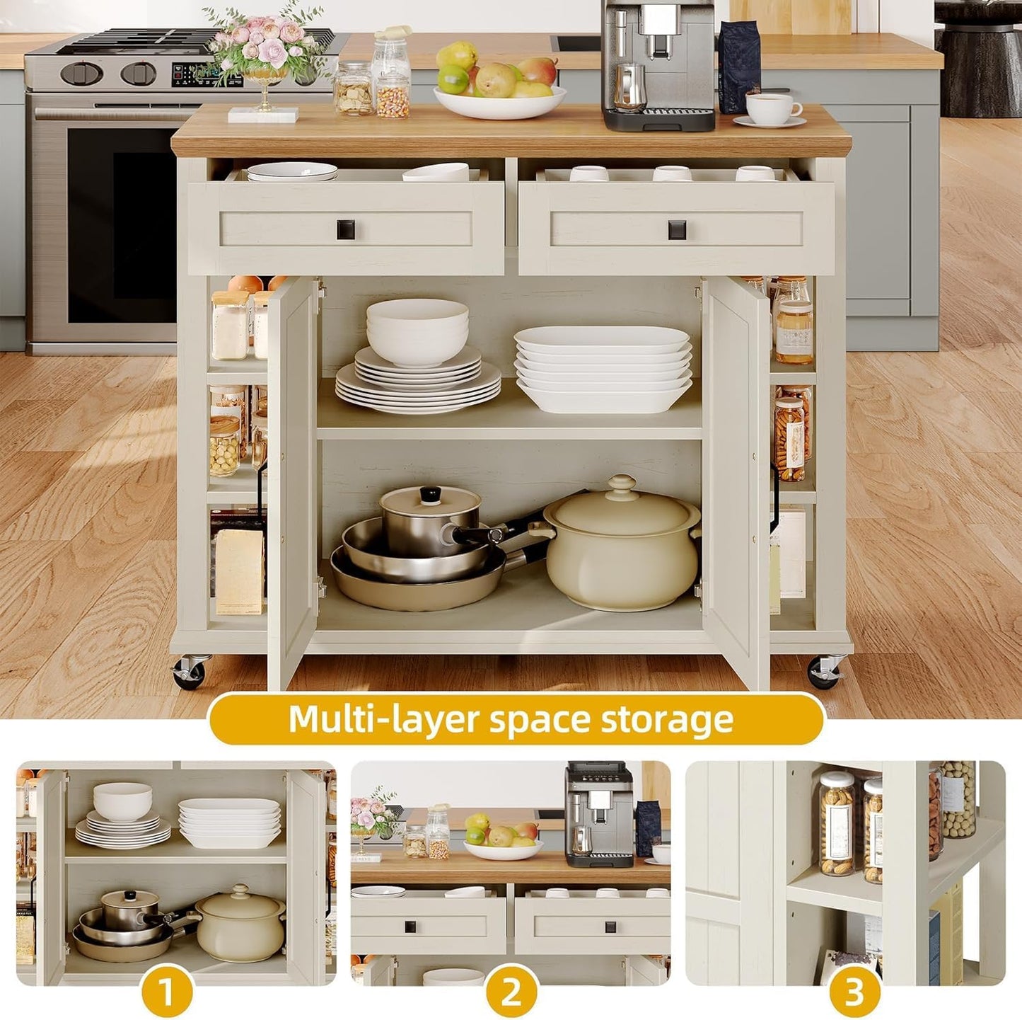 DWVO Kitchen Island with Storage Cabinet, Farmhouse Rolling Island Table on Wheels, Americana Mobile Storage Islands with Open Shelves, Drawers for Living Room, Dining Room, Off White