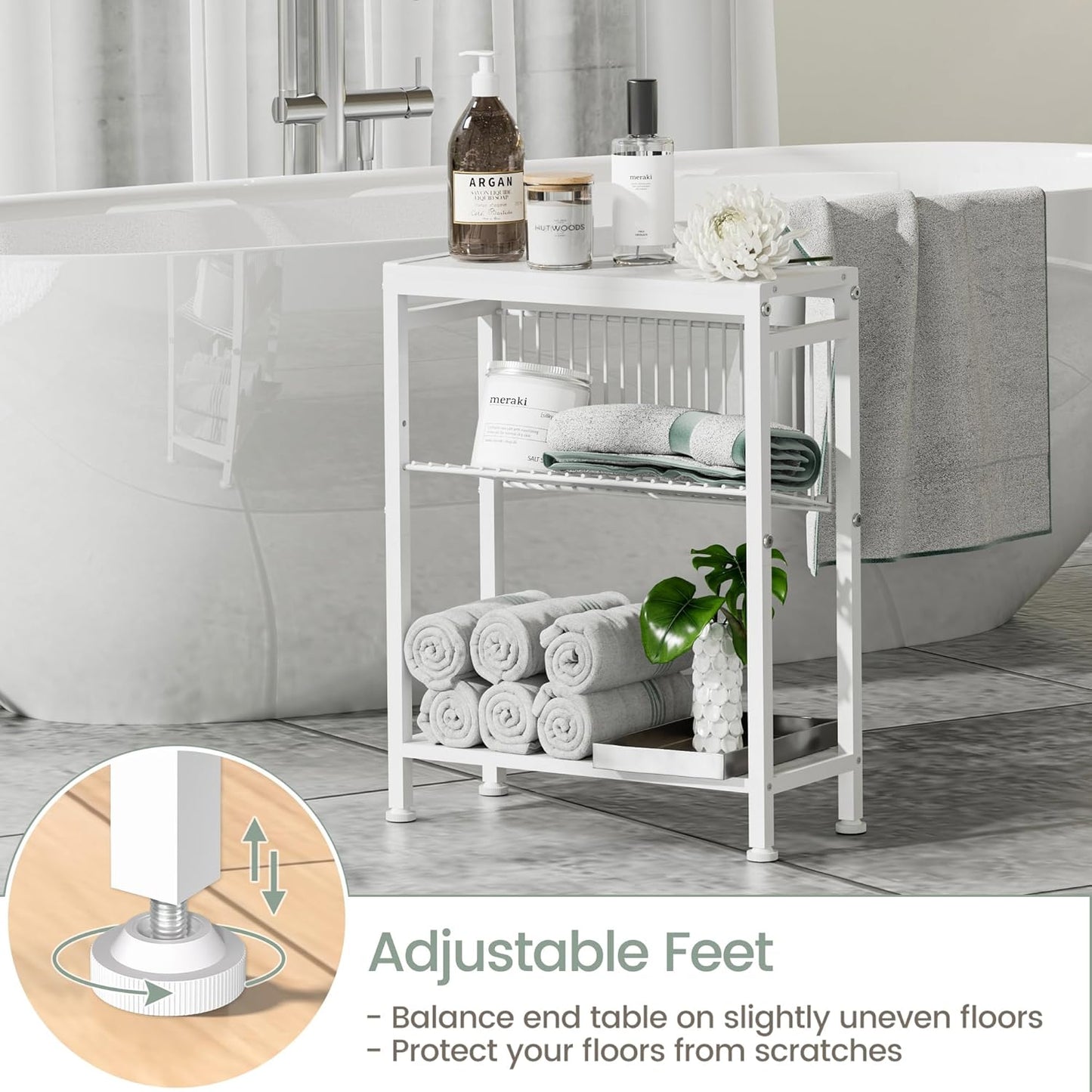 End Table for Small Space, 3-Tier Narrow Side Table with Magazine Holder,Small Nightstand, Skinny Snack Couch Table in Living Room, Bedroom Study and Balcony (White)