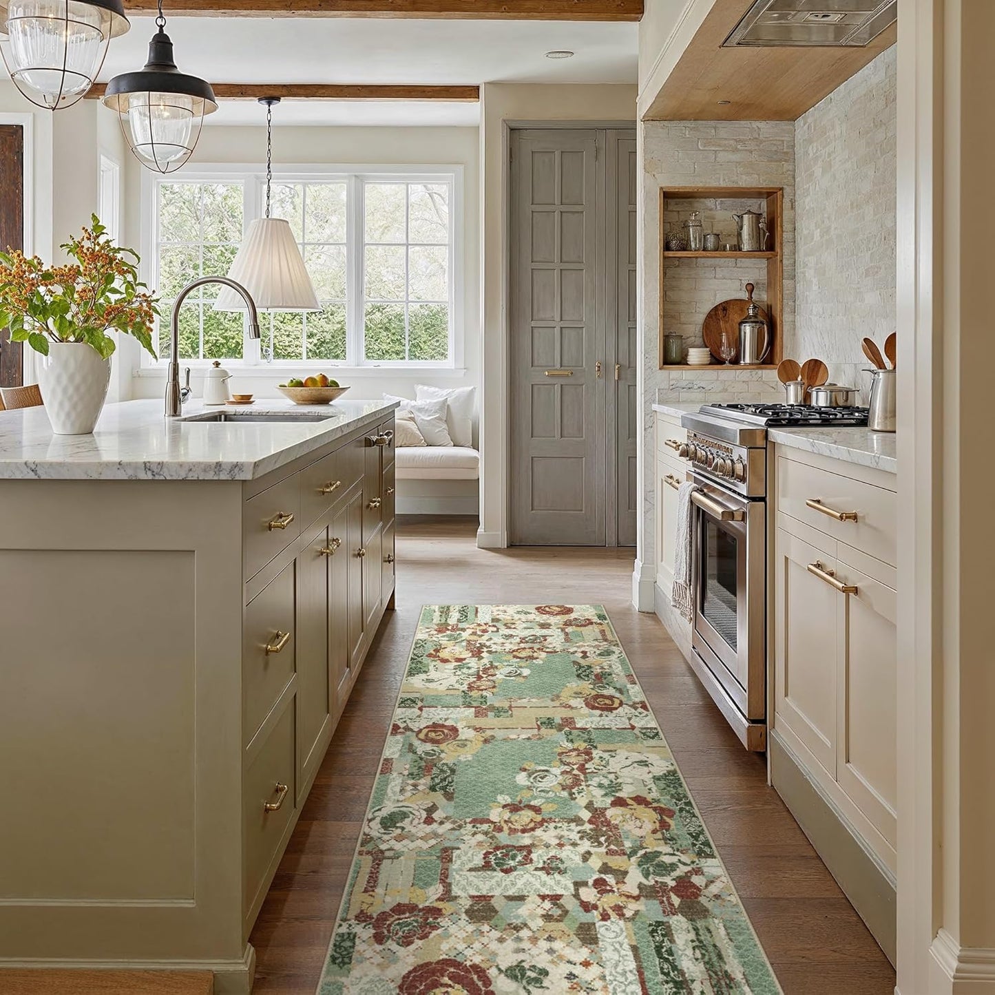 GENIMO Floral Runner Rug 2X6, Machine Washable Non Slip Vintage Patchwork Hallway Runner, Ultra-Thin Low Pile Runners for Indoor Entryway, Hallway, Kitchen and Corridor, Celadon Green