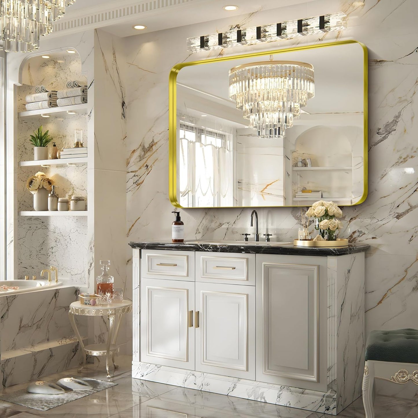 FORBATH 48x36 Inch Bathroom Mirror, Brushed Gold Deep Frame Wall Mirror with Rounded Corners, Anti-Rust Glass for Modern Farmhouse Vanity (Horizontal/Vertical Hanging)